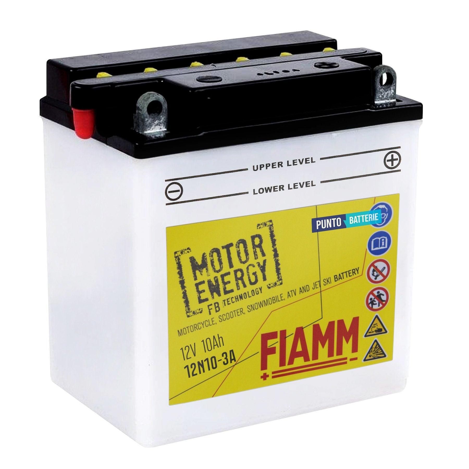 Batteria originale Fiamm Motor Energy FB 12N10-3A, dimensioni 135 x 90 x 145, polo positivo a destra, 12 volt, 10 amperora, 100 ampere. Batteria per moto, scooter e powersport.