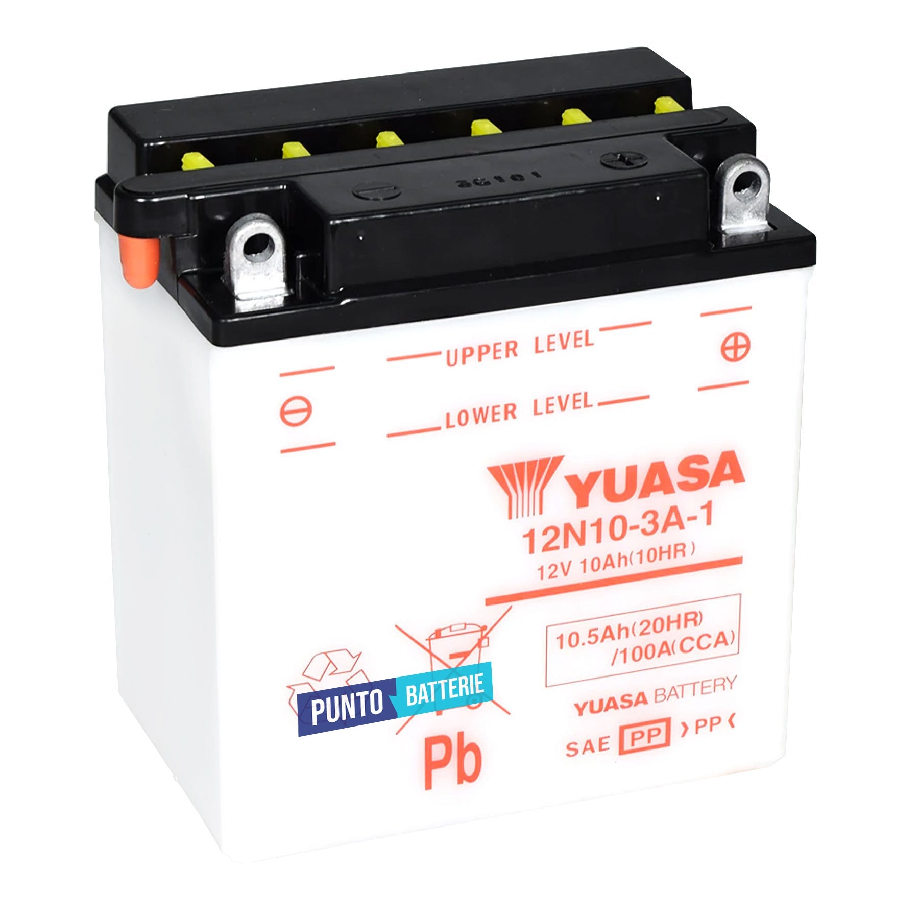Batteria originale Yuasa Conventional 12N10-3A-1, dimensioni 135 x 90 x 145, polo positivo a destra, 12 volt, 10 amperora, 100 ampere. Batteria per moto, scooter e powersport.