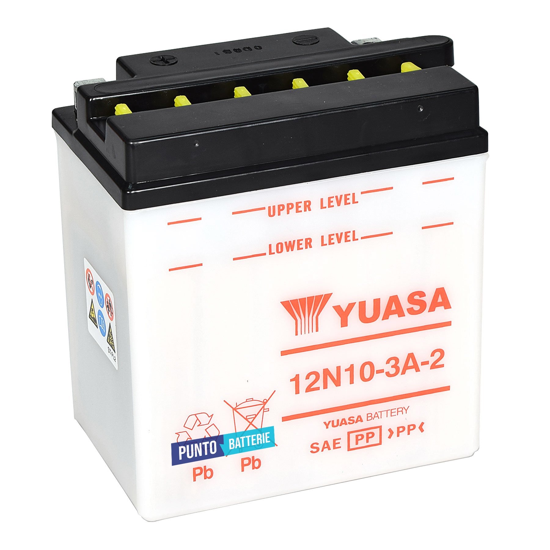 Batteria originale Yuasa Conventional 12N10-3A-2, dimensioni 135 x 90 x 145, polo positivo a destra, 12 volt, 10 amperora, 100 ampere. Batteria per moto, scooter e powersport.