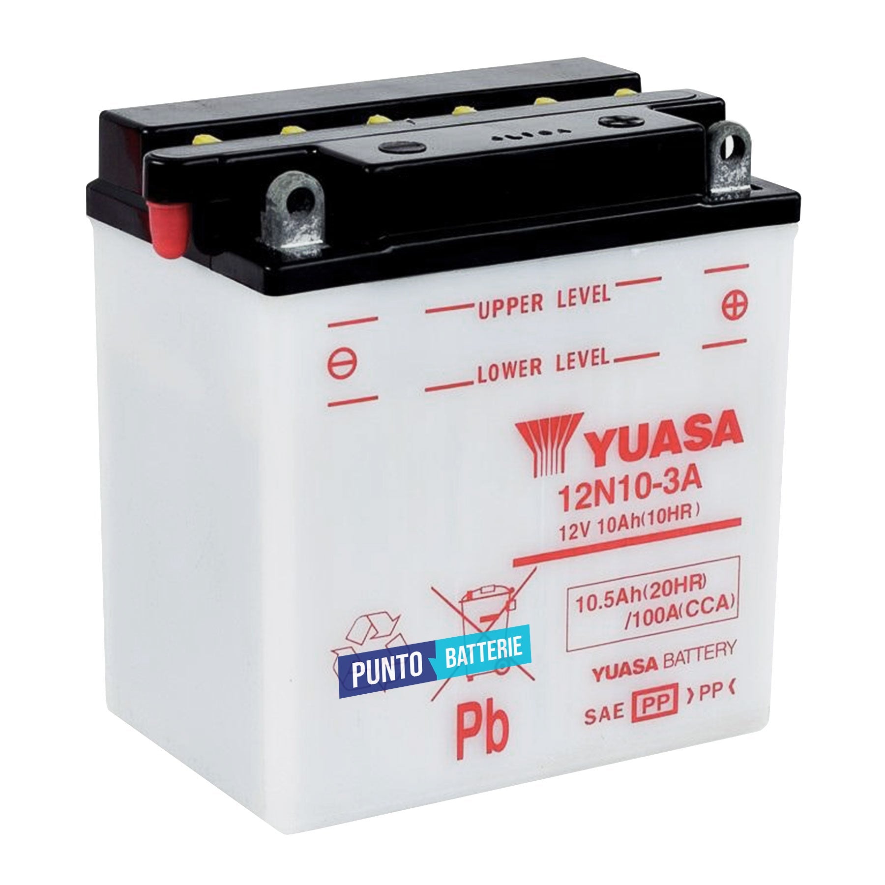 Batteria originale Yuasa Conventional 12N10-3A, dimensioni 135 x 90 x 145, polo positivo a destra, 12 volt, 10 amperora, 100 ampere. Batteria per moto, scooter e powersport.