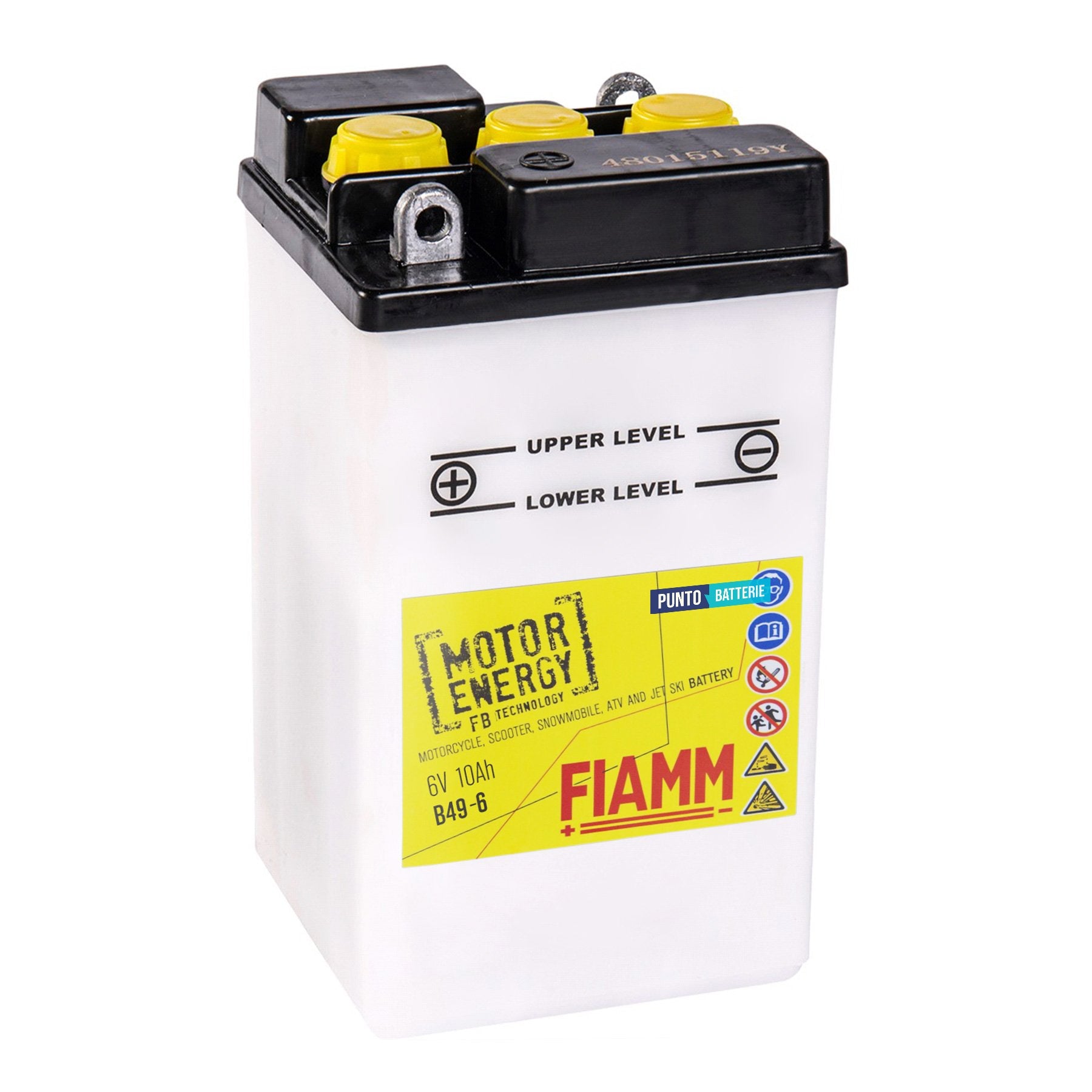 Batteria originale Fiamm Motor Energy FB B49-6, dimensioni 90 x 82 x 160, polo positivo a sinistra, 6 volt, 10 amperora, 40 ampere. Batteria per moto, scooter e powersport.