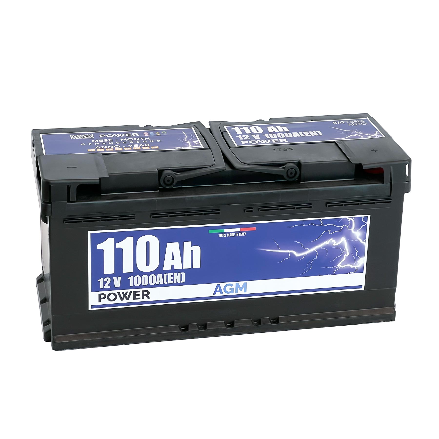 Batteria originale Power AGM PK1100, dimensioni 392 x 175 x 190, polo positivo a destra, 12 volt, 110 amperora, 1000 ampere, AGM. Batteria per auto e veicoli leggeri con start e stop.