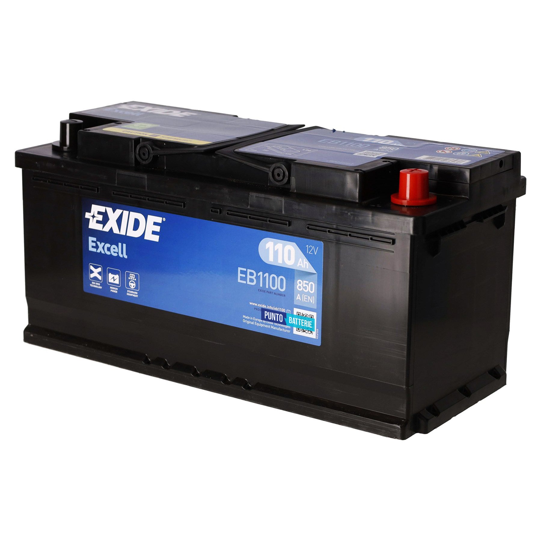 Batteria originale Exide Excell EB1100, dimensioni 392 x 175 x 190, polo positivo a destra, 12 volt, 110 amperora, 800 ampere. Batteria per auto e veicoli leggeri.