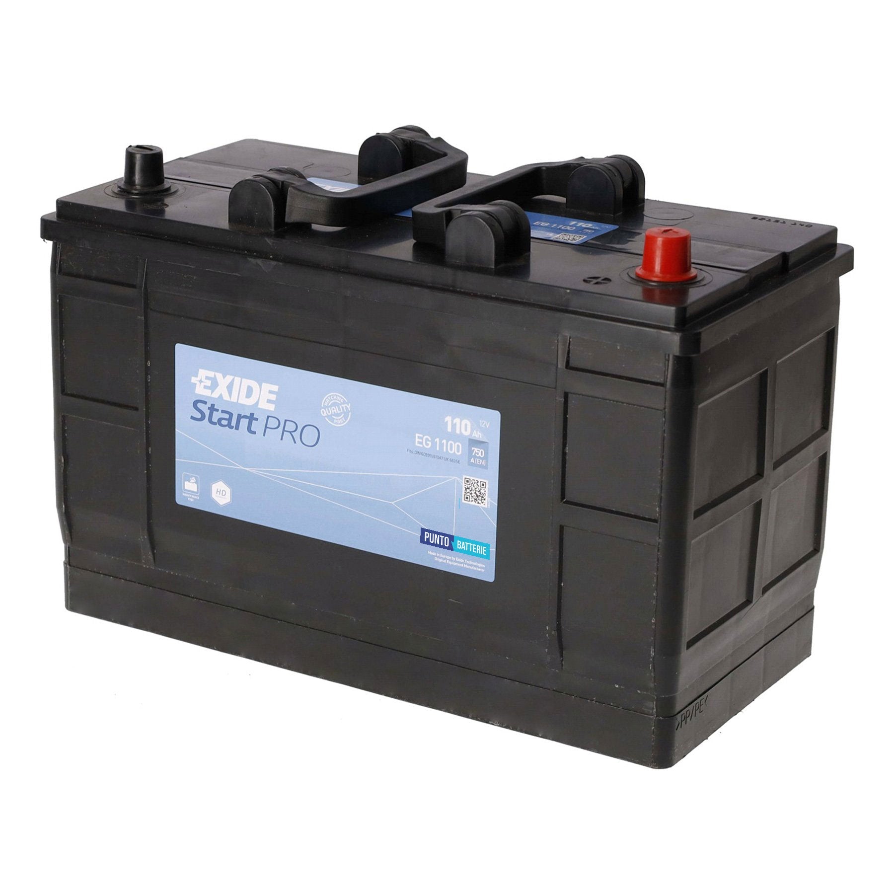 Batteria originale Exide Start PRO EG1100, dimensioni 349 x 175 x 235, polo positivo a destra, 12 volt, 110 amperora, 720 ampere. Batteria per camion e veicoli pesanti.