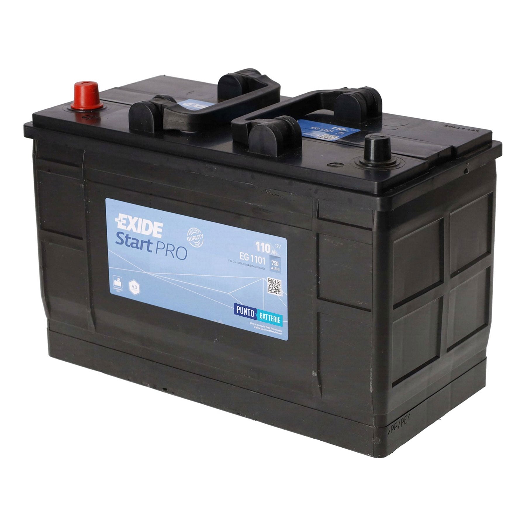 Batteria originale Exide Start PRO EG1101, dimensioni 349 x 175 x 235, polo positivo a sinistra, 12 volt, 110 amperora, 720 ampere. Batteria per camion e veicoli pesanti.