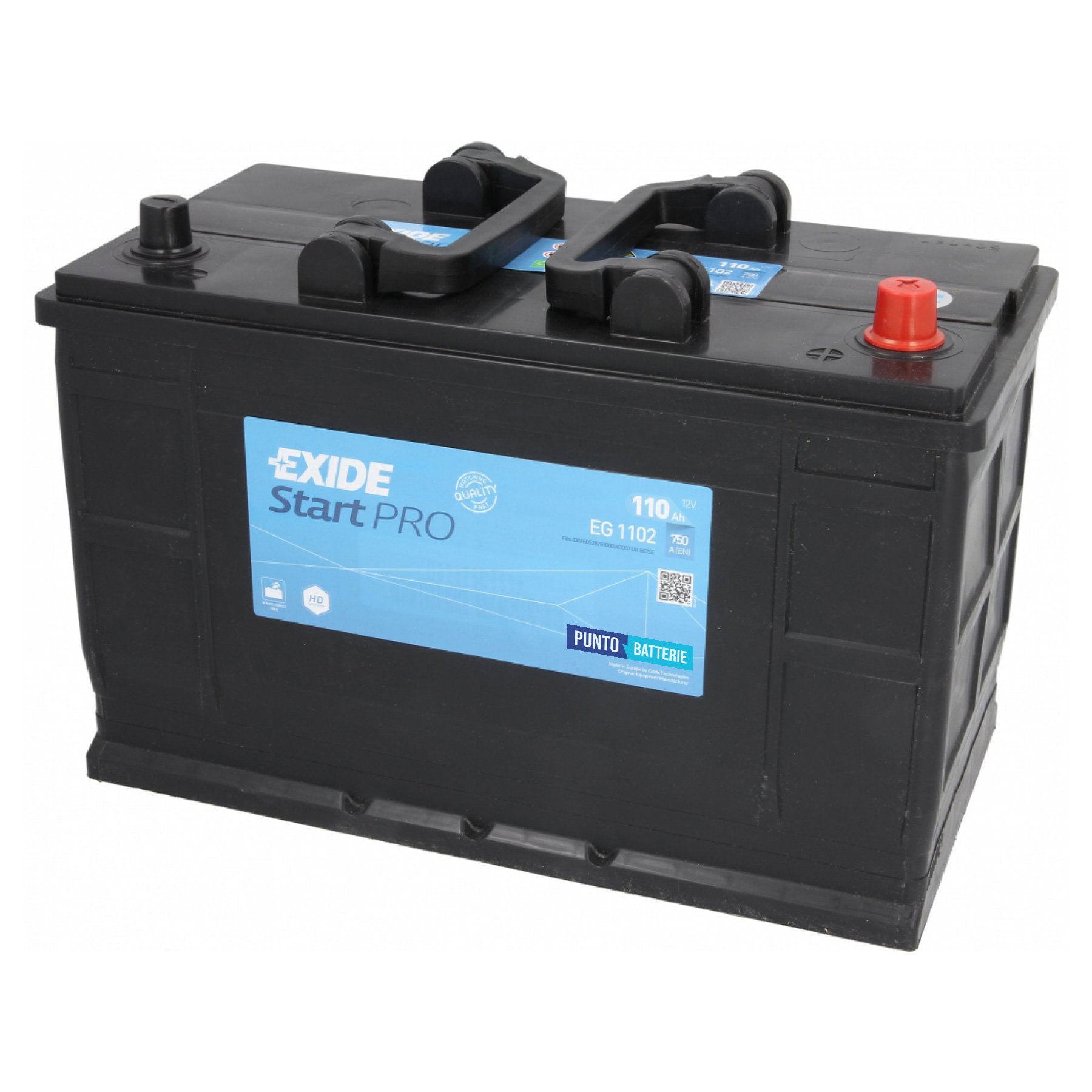 Batteria originale Exide Start PRO EG1102, dimensioni 349 x 175 x 235, polo positivo a destra, 12 volt, 110 amperora, 720 ampere. Batteria per camion e veicoli pesanti.