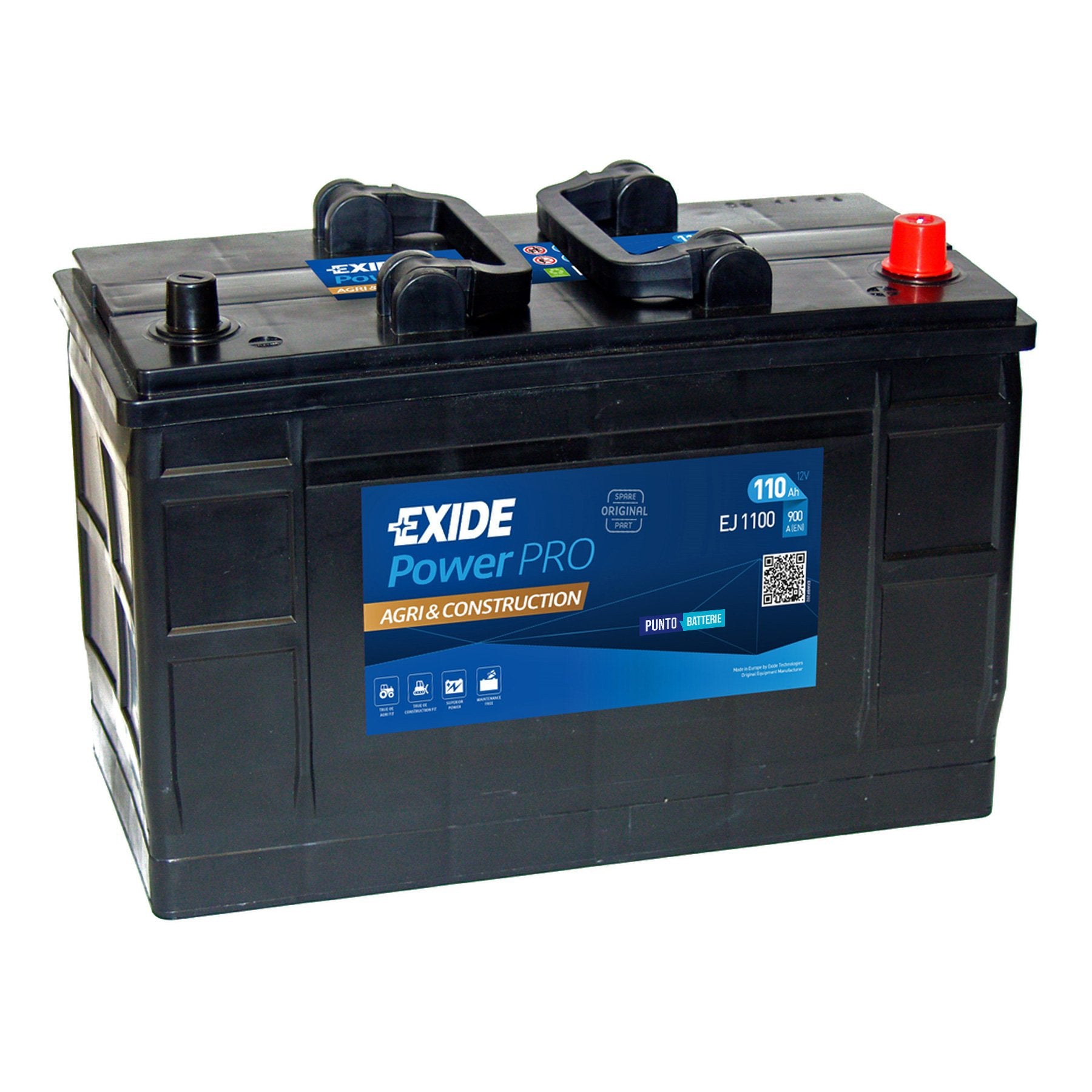 Batteria originale Exide Power PRO Agri & Construction EJ1100, dimensioni 349 x 175 x 235, polo positivo a destra, 12 volt, 110 amperora, 900 ampere. Batteria per camion e veicoli pesanti.