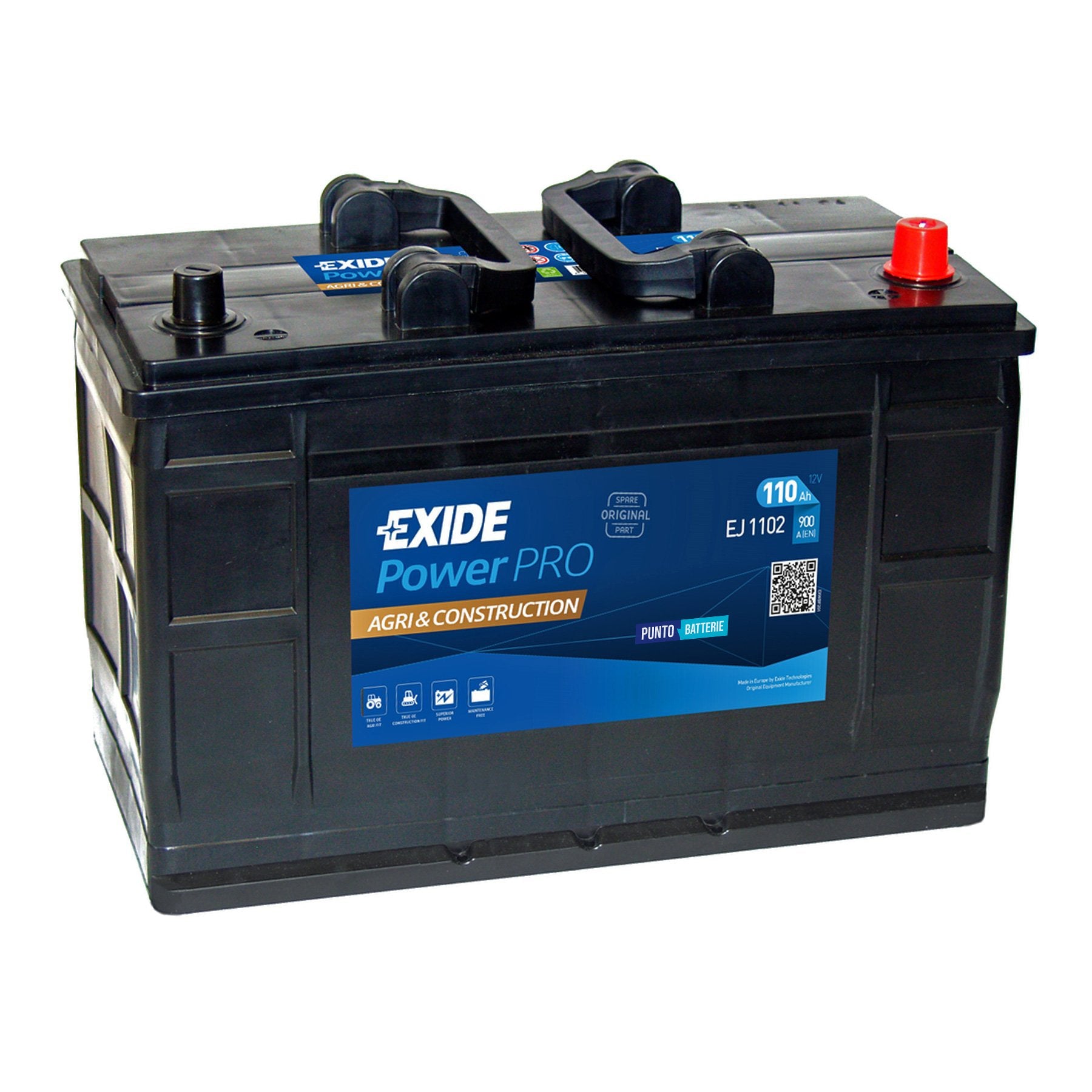 Batteria originale Exide Power PRO Agri & Construction EJ1102, dimensioni 349 x 175 x 235, polo positivo a destra, 12 volt, 110 amperora, 900 ampere. Batteria per camion e veicoli pesanti.