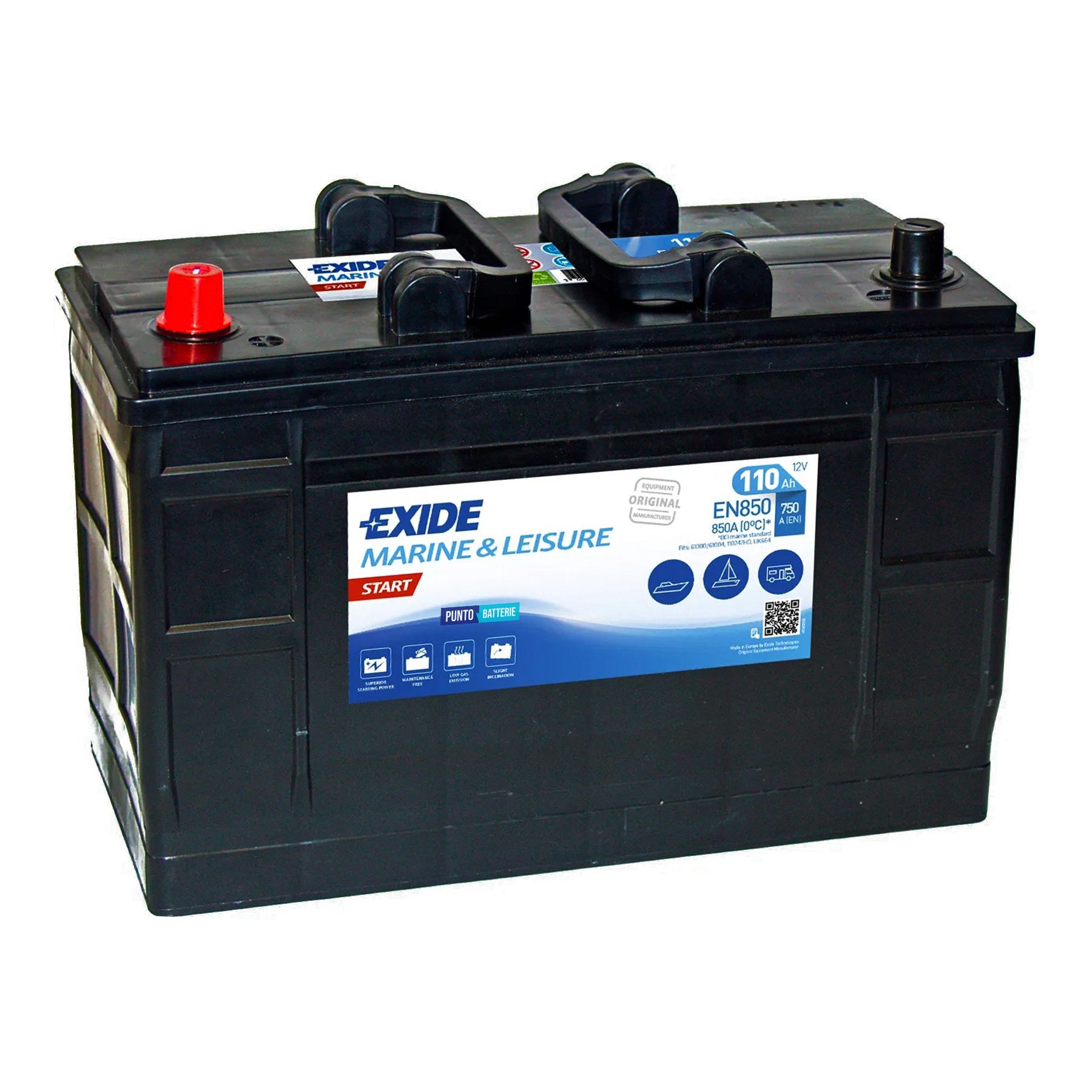 Batteria originale Exide Start EN850, dimensioni 349 x 175 x 235, 12 volt, 110 amperora. Batteria per nautica e campeggio.
