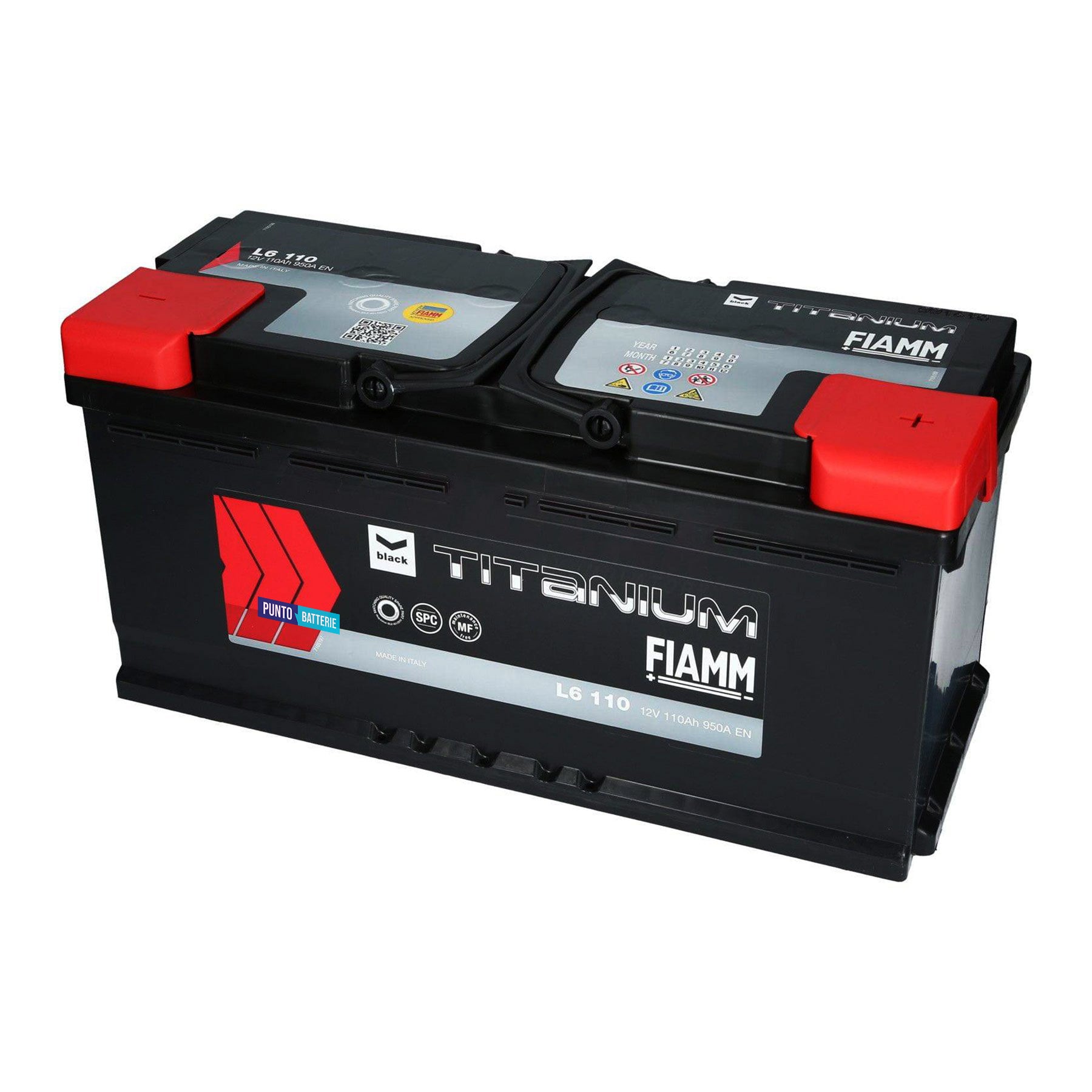 Batteria originale Fiamm Black Titanium L6 110, dimensioni 394 x 175 x 190, polo positivo a destra, 12 volt, 110 amperora, 950 ampere. Batteria per auto e veicoli leggeri.