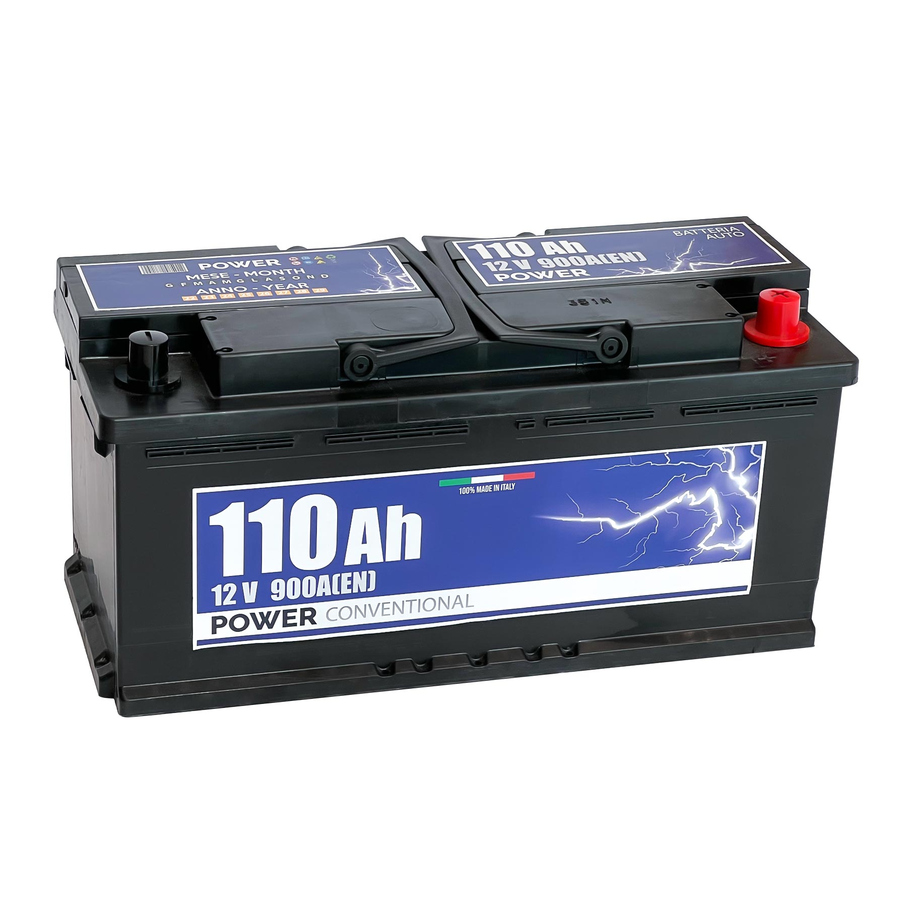 Batteria originale Power Conventional PB1100, dimensioni 392 x 175 x 190, polo positivo a destra, 12 volt, 110 amperora, 900 ampere. Batteria per auto e veicoli leggeri.