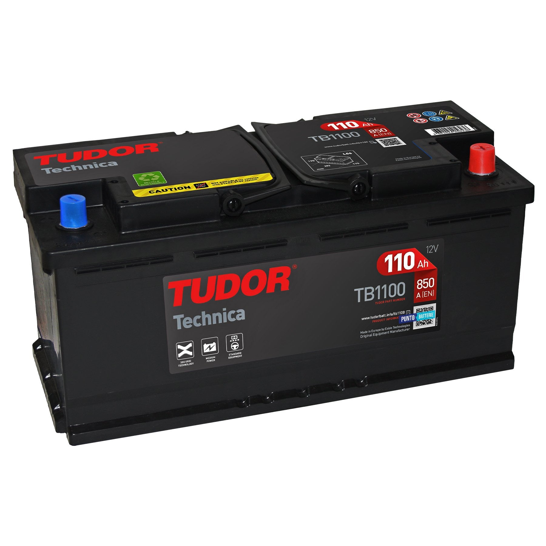 Batteria originale Tudor Technica TB1100, dimensioni 392 x 175 x 190, polo positivo a destra, 12 volt, 110 amperora, 800 ampere. Batteria per auto e veicoli leggeri.