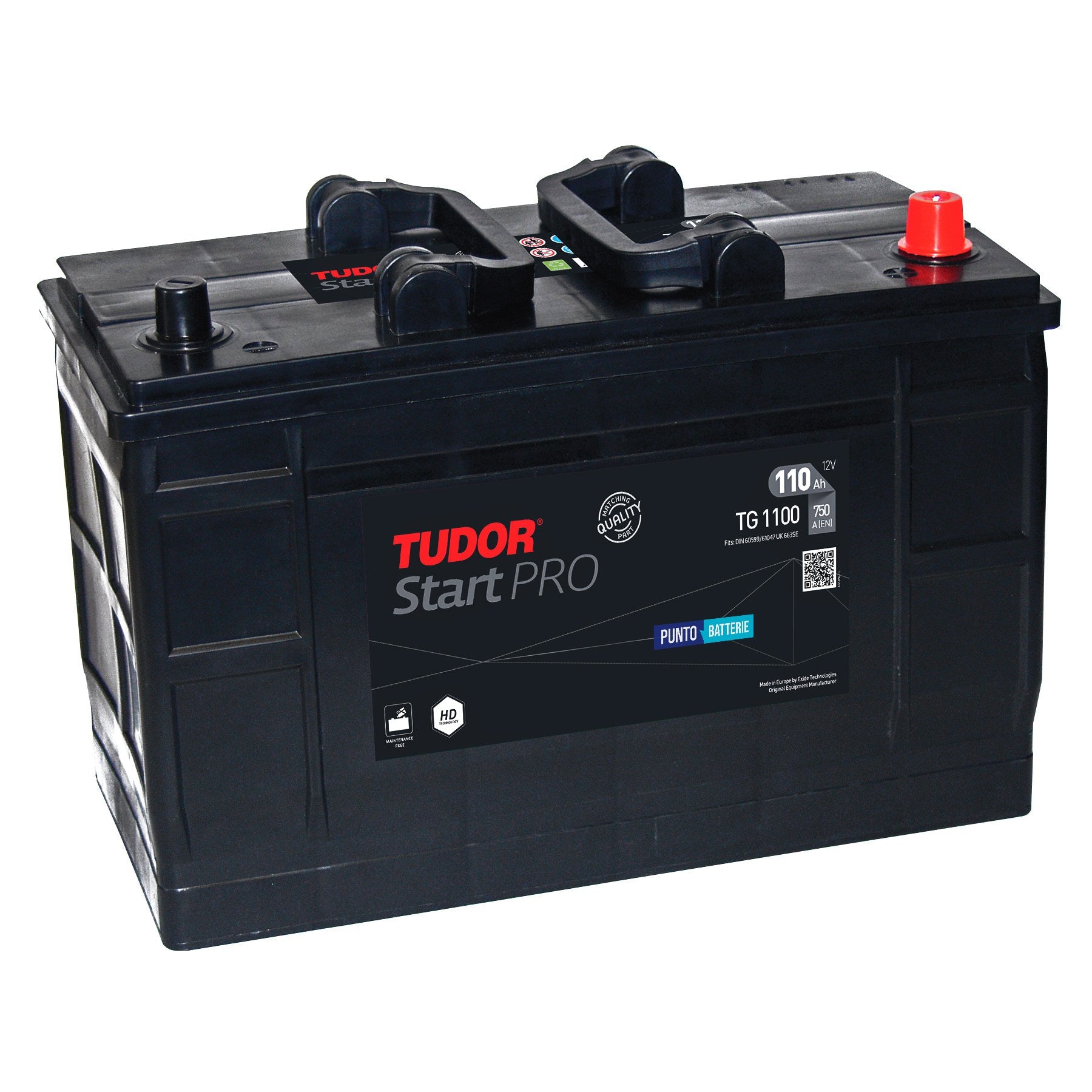 Batteria originale Tudor Start PRO TG1100, dimensioni 349 x 175 x 235, polo positivo a destra, 12 volt, 110 amperora, 720 ampere. Batteria per camion e veicoli pesanti.