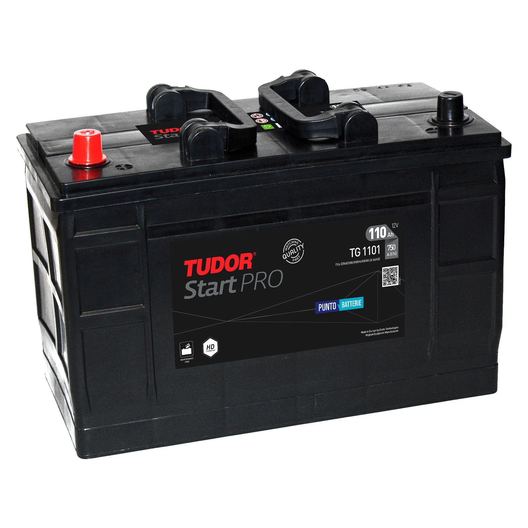 Batteria originale Tudor Start PRO TG1101, dimensioni 349 x 175 x 235, polo positivo a sinistra, 12 volt, 110 amperora, 720 ampere. Batteria per camion e veicoli pesanti.