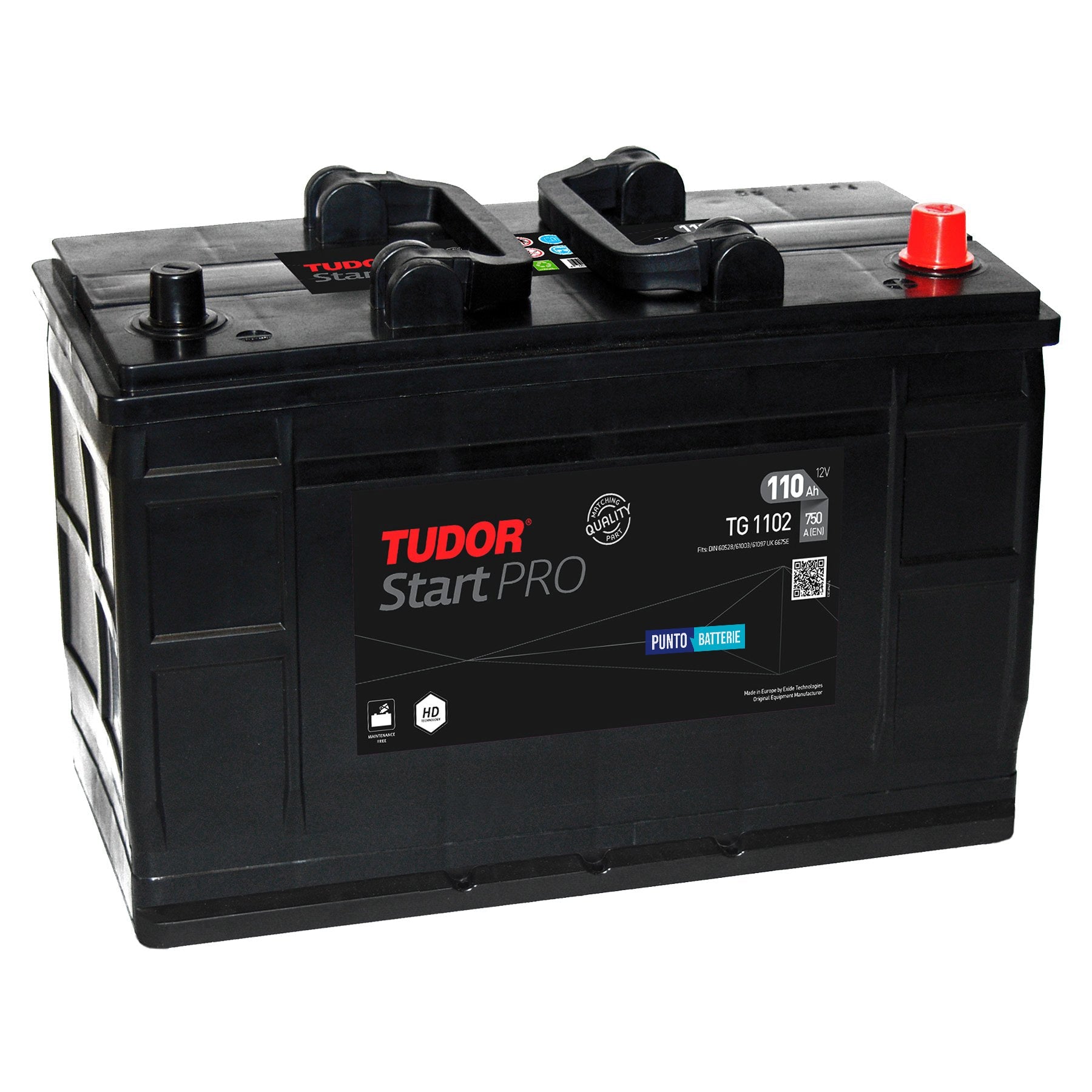 Batteria originale Tudor Start PRO TG1102, dimensioni 349 x 175 x 235, polo positivo a destra, 12 volt, 110 amperora, 720 ampere. Batteria per camion e veicoli pesanti.