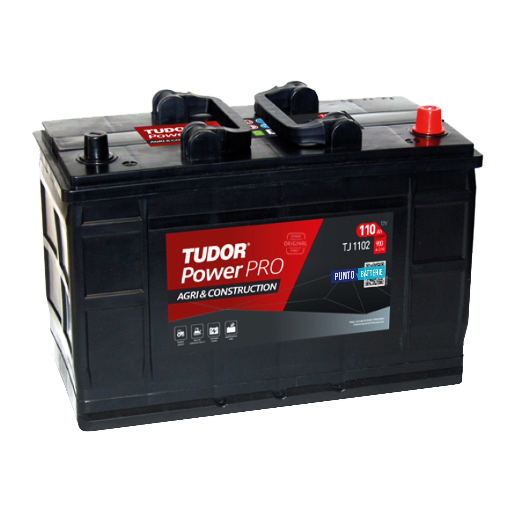 Batteria originale Tudor Power PRO Agri & Construction TJ1102, dimensioni 349 x 175 x 235, polo positivo a destra, 12 volt, 110 amperora, 900 ampere. Batteria per camion e veicoli pesanti.