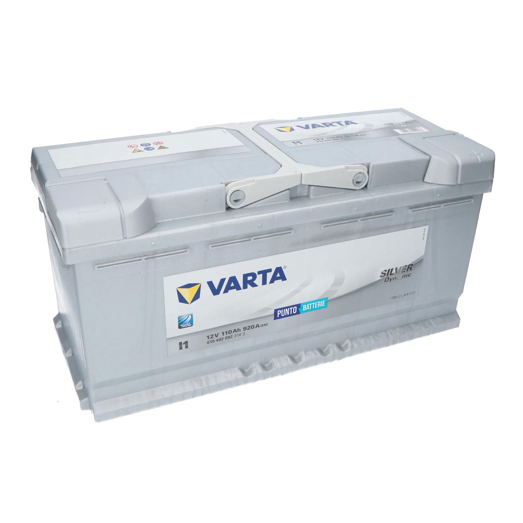 Batteria originale Varta Silver Dynamic I1, dimensioni 393 x 175 x 190, polo positivo a destra, 12 volt, 110 amperora, 920 ampere. Batteria per auto e veicoli leggeri.