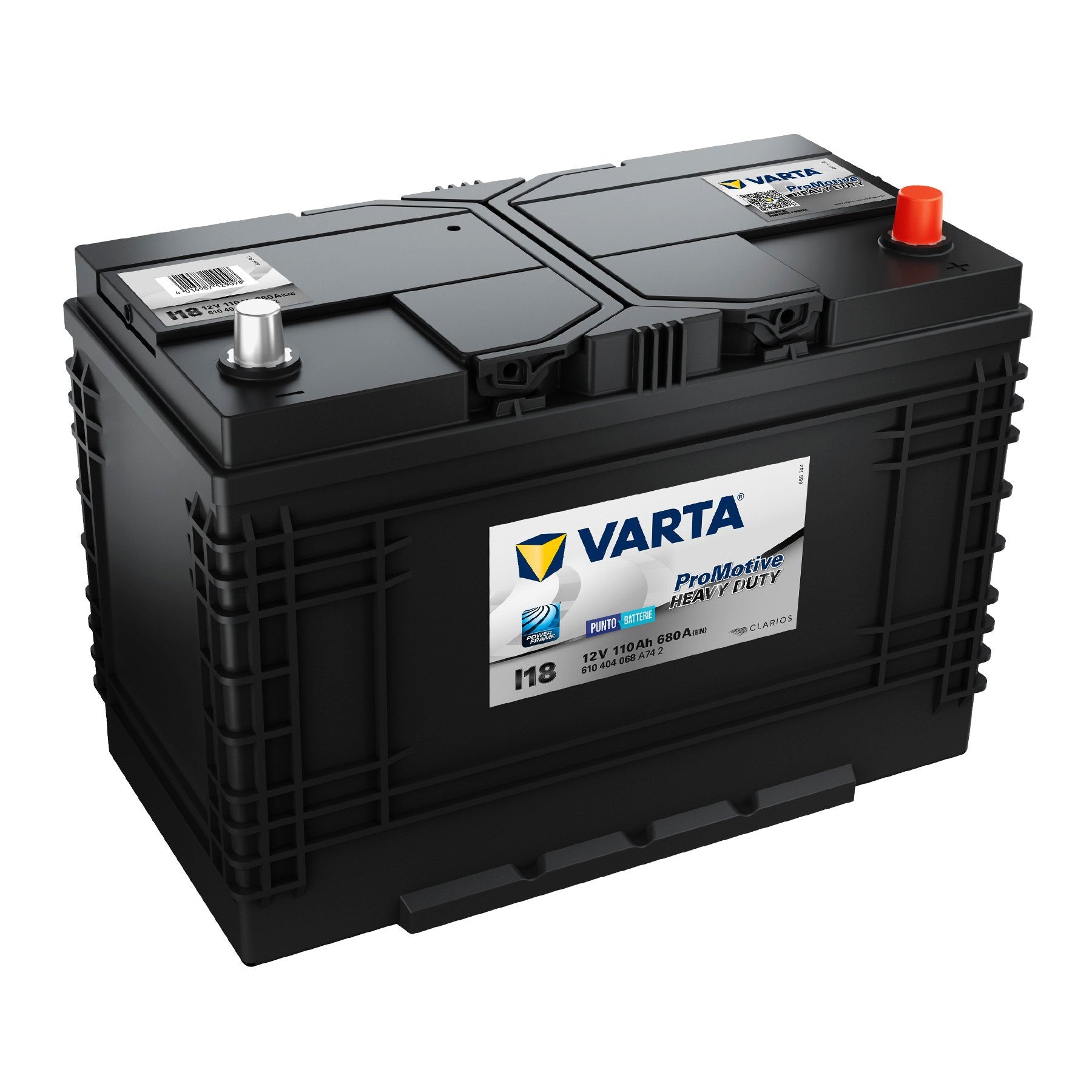 Batteria originale Varta Promotive Heavy Duty I18, dimensioni 347 x 173 x 234, polo positivo a destra, 12 volt, 110 amperora, 680 ampere. Batteria per camion e veicoli pesanti.