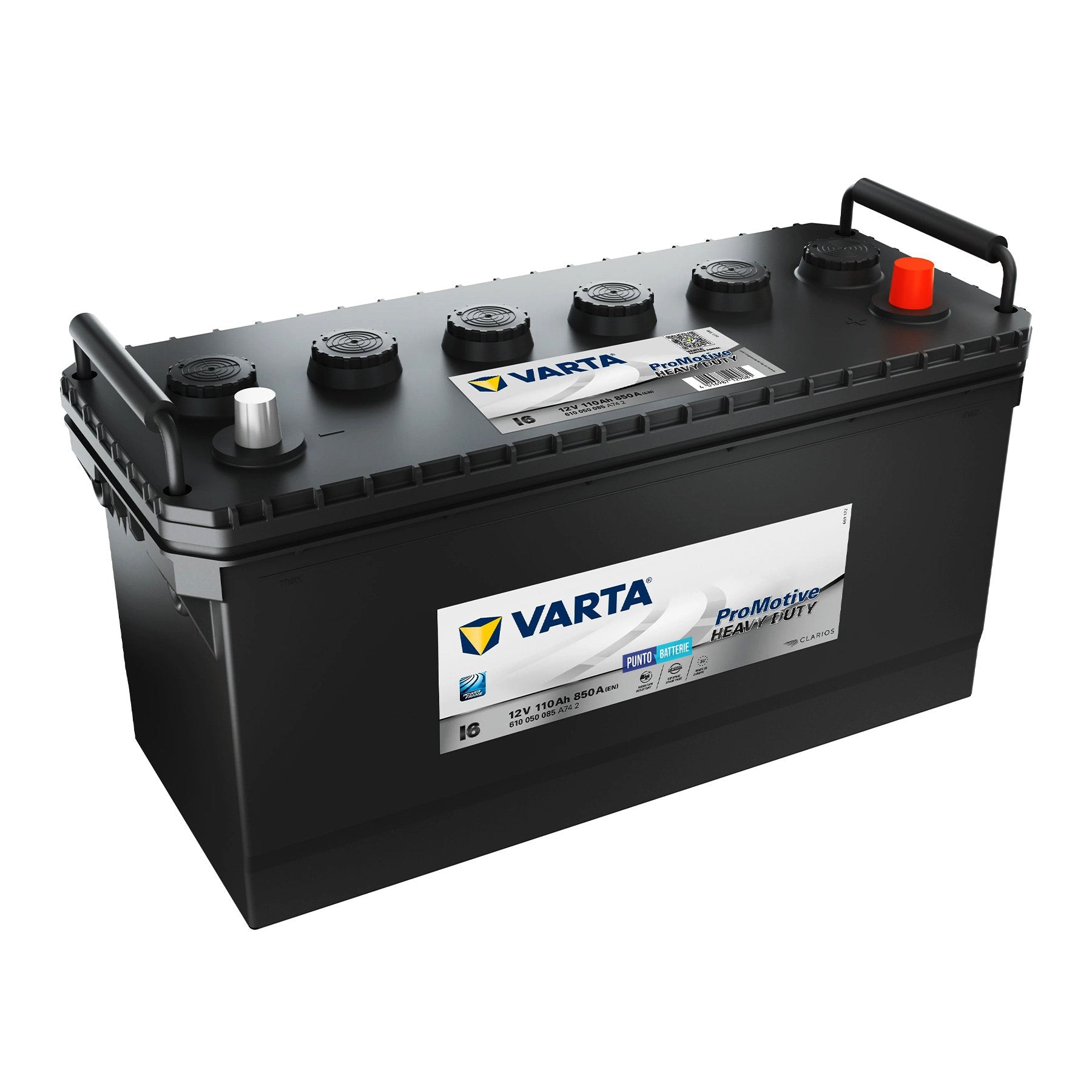 Batteria originale Varta Promotive Heavy Duty I6, dimensioni 413 x 175 x 220, polo positivo a destra, 12 volt, 110 amperora, 850 ampere. Batteria per camion e veicoli pesanti.