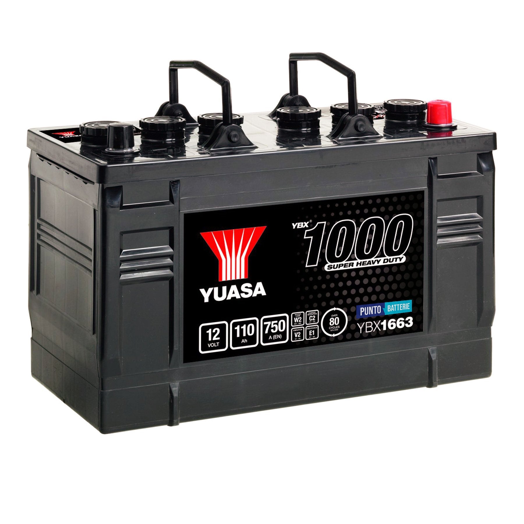 Batteria originale Yuasa YBX1000 YBX1663, dimensioni 347 x 174 x 235, polo positivo a sinistra, 12 volt, 110 amperora, 750 ampere. Batteria per camion e veicoli pesanti.