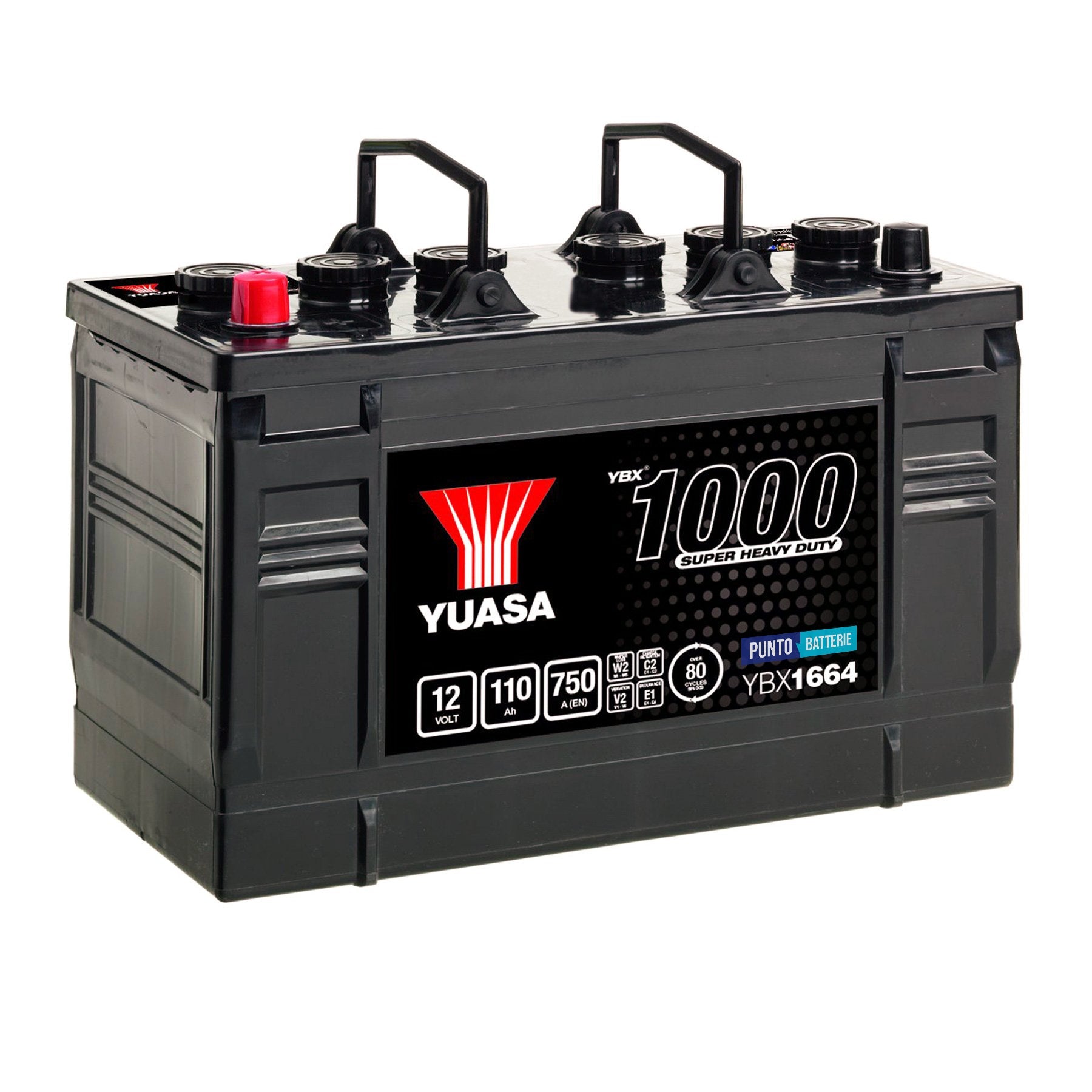 Batteria originale Yuasa YBX1000 YBX1664, dimensioni 347 x 174 x 235, polo positivo a destra, 12 volt, 110 amperora, 750 ampere. Batteria per camion e veicoli pesanti.