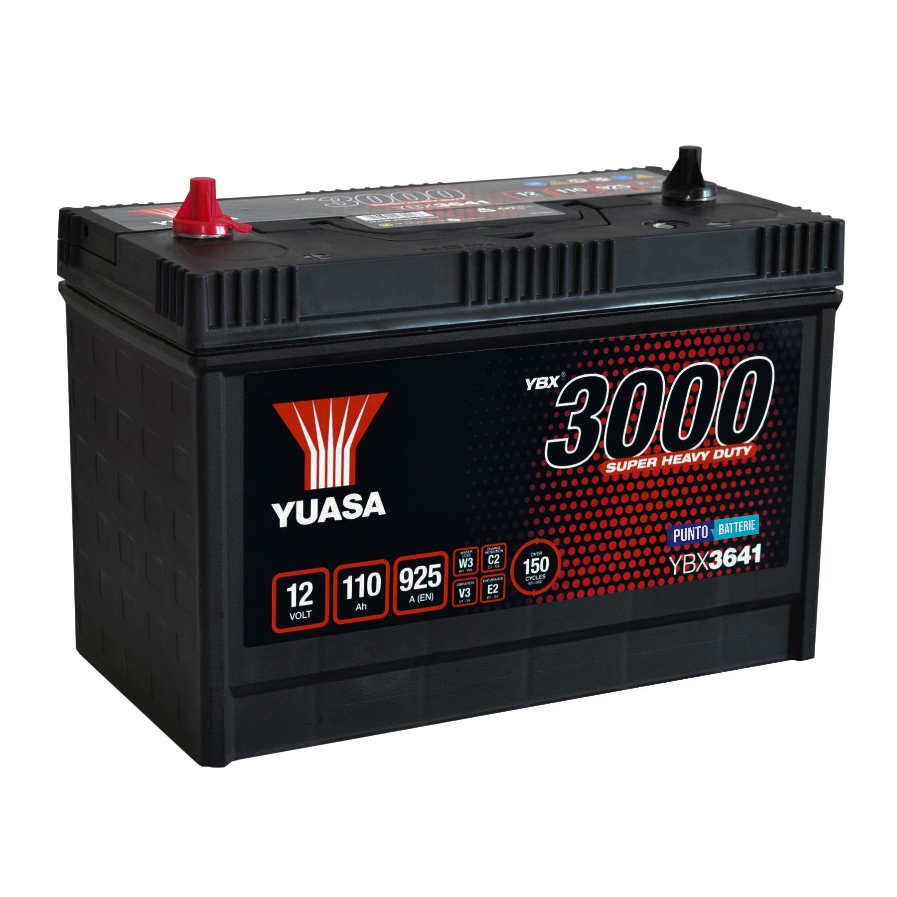 Batteria originale Yuasa YBX3000 YBX3641, dimensioni 329 x 173 x 240, polo positivo a sinistra, 12 volt, 110 amperora, 925 ampere. Batteria per camion e veicoli pesanti.