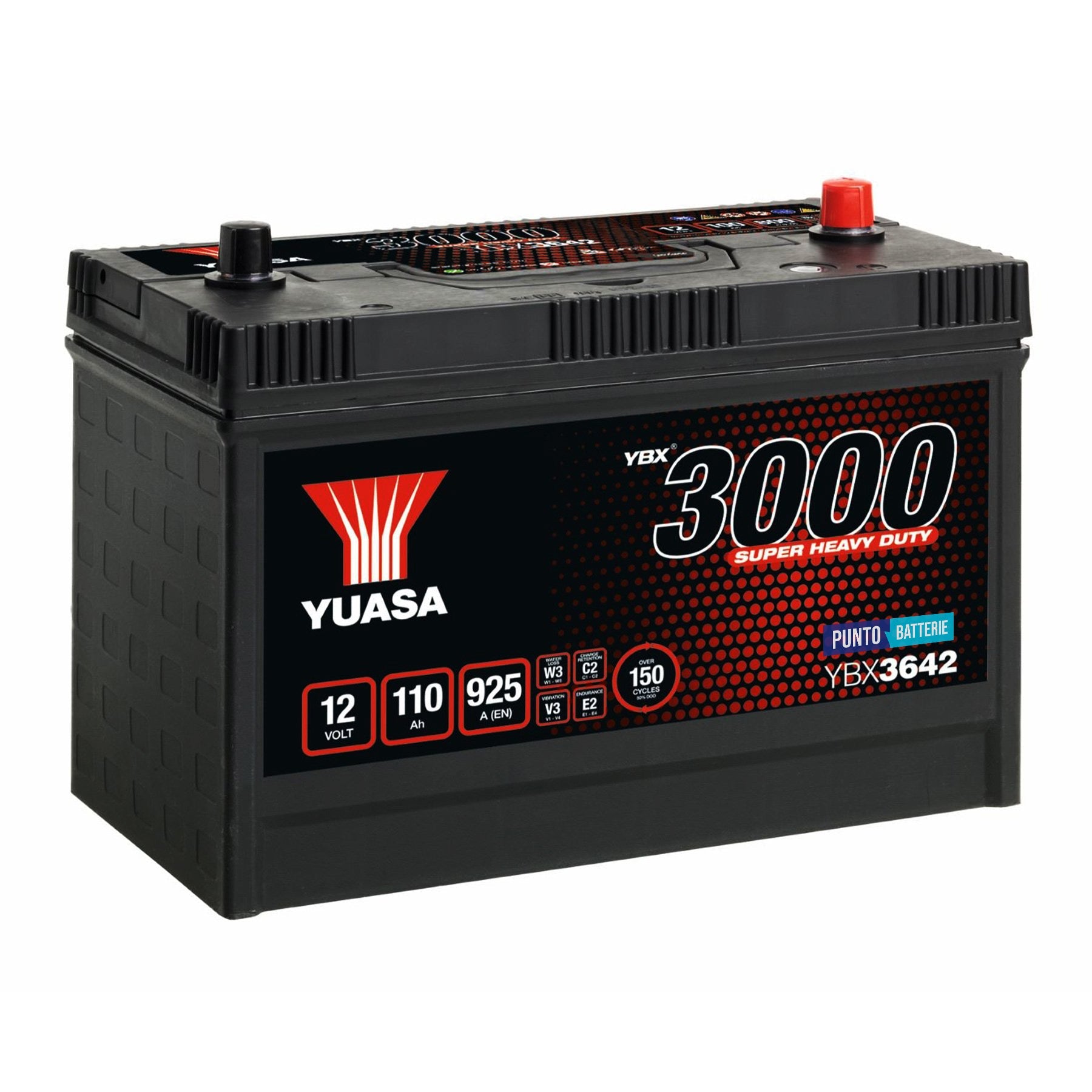Batteria originale Yuasa YBX3000 YBX3642, dimensioni 329 x 173 x 240, polo positivo a sinistra, 12 volt, 110 amperora, 925 ampere. Batteria per camion e veicoli pesanti.