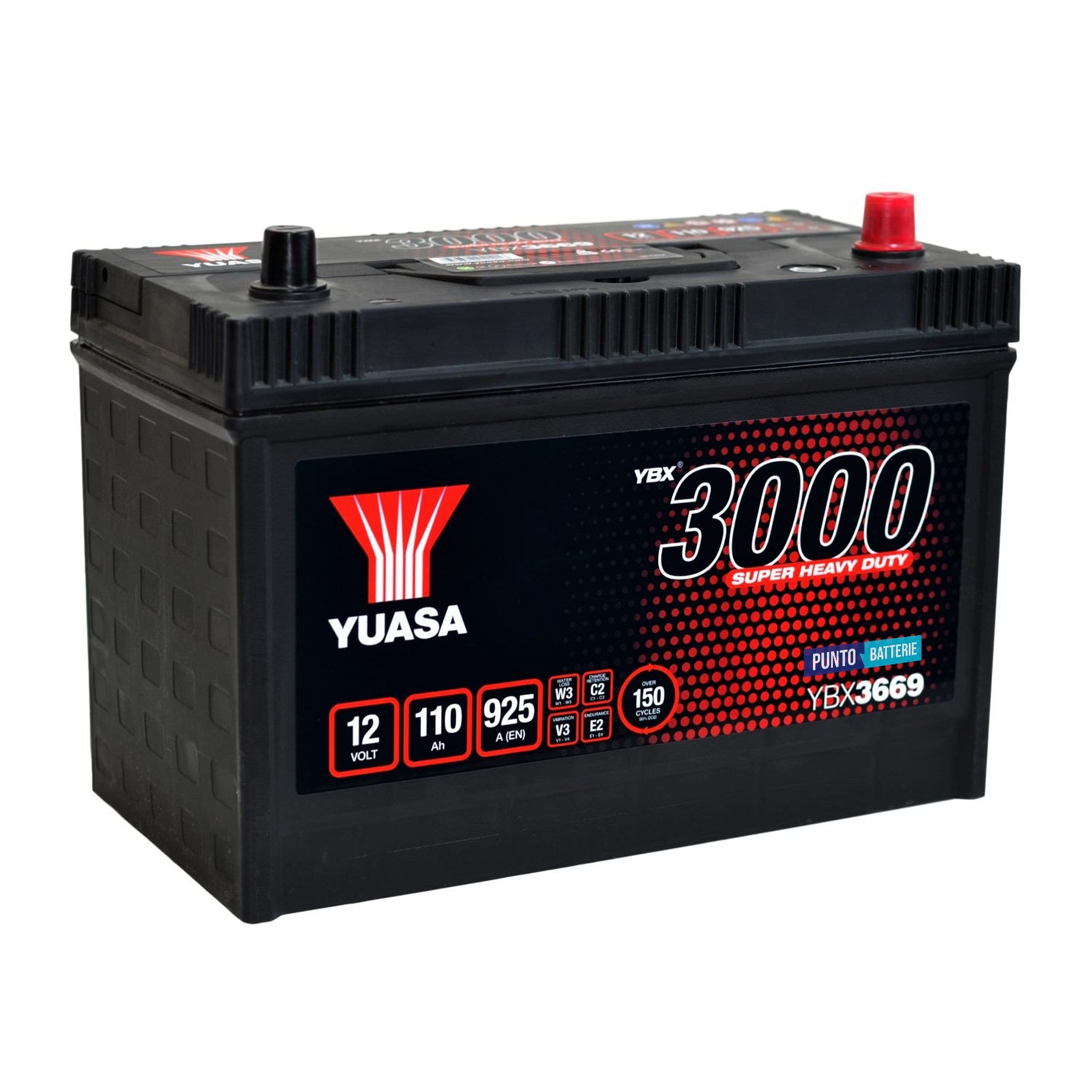 Batteria originale Yuasa YBX3000 YBX3669, dimensioni 329 x 173 x 240, polo positivo a destra, 12 volt, 110 amperora, 925 ampere. Batteria per camion e veicoli pesanti.