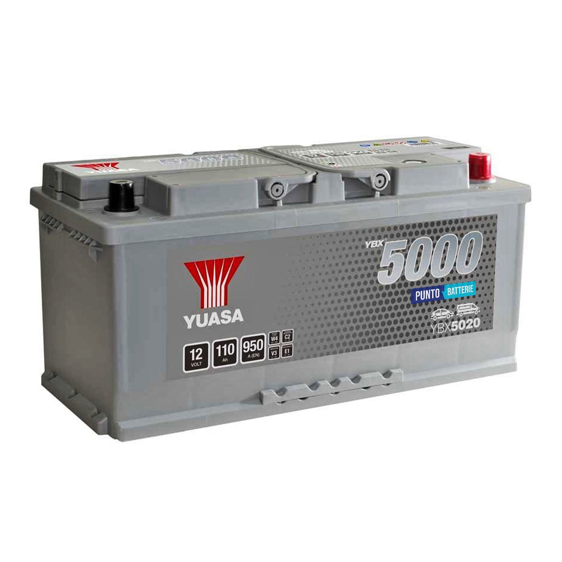 Batteria originale Yuasa YBX5000 YBX5020, dimensioni 394 x 175 x 190, polo positivo a destra, 12 volt, 110 amperora, 950 ampere. Batteria per auto e veicoli leggeri.