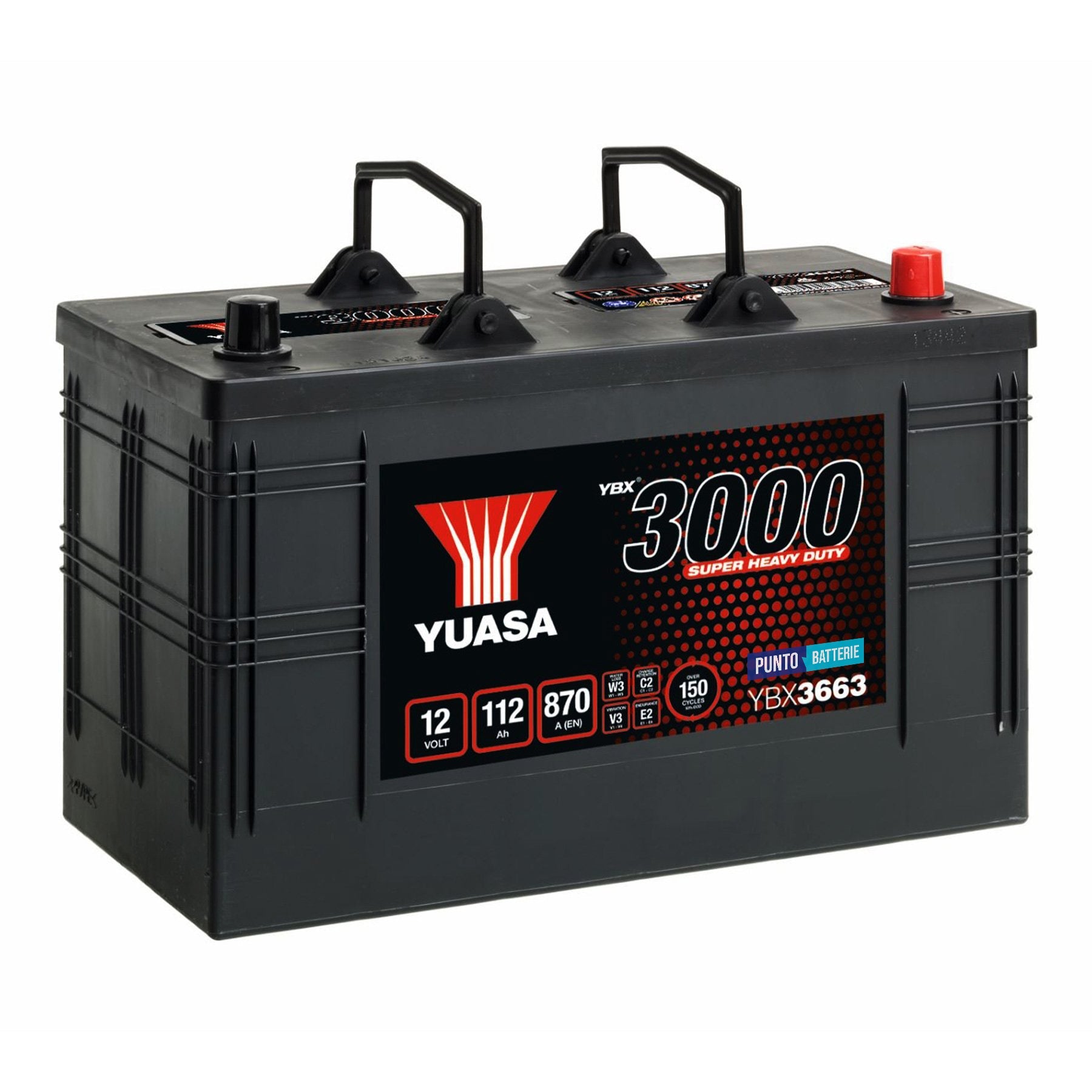 Batteria originale Yuasa YBX3000 YBX3663, dimensioni 346 x 173 x 234, polo positivo a destra, 12 volt, 112 amperora, 870 ampere. Batteria per camion e veicoli pesanti.
