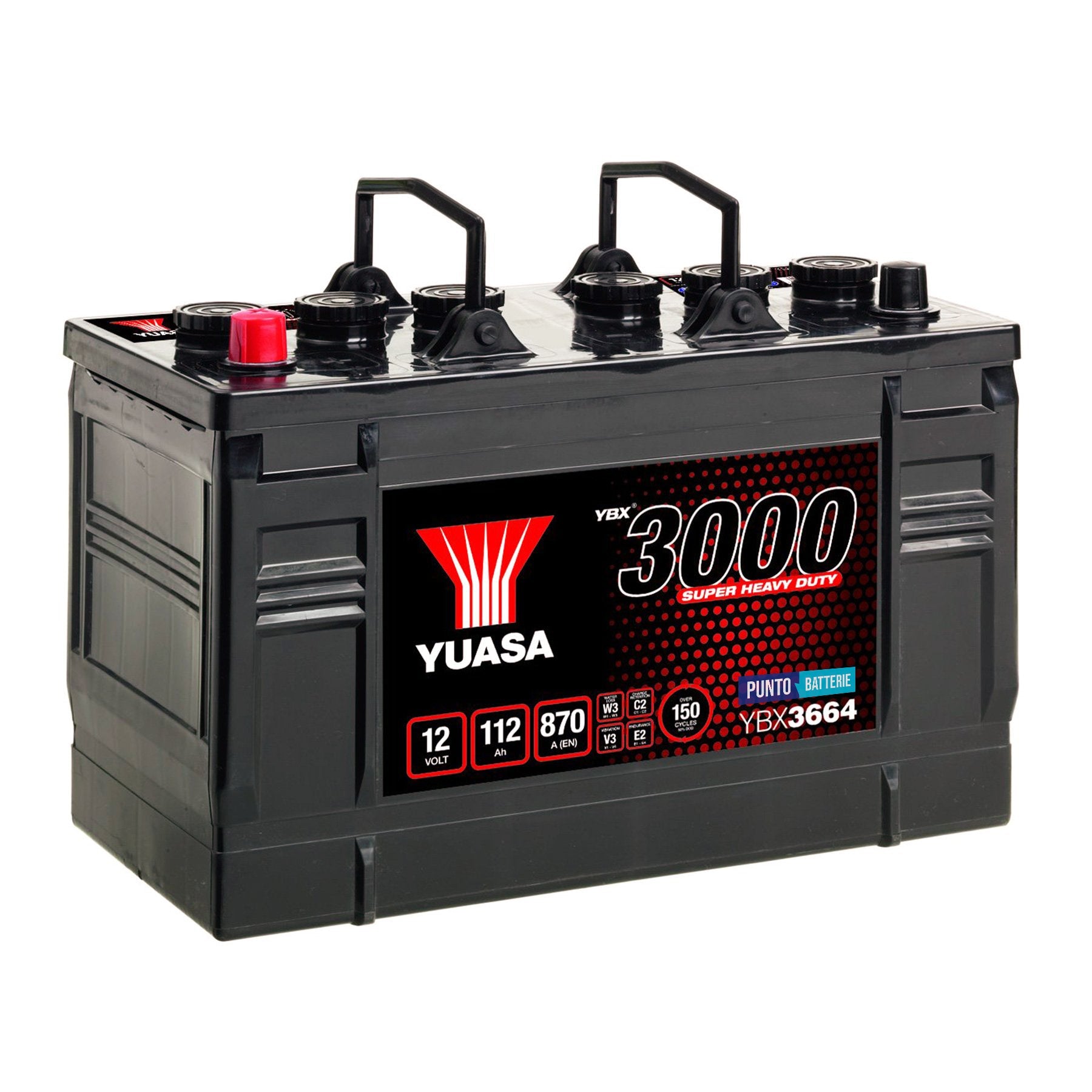 Batteria originale Yuasa YBX3000 YBX3664, dimensioni 346 x 173 x 234, polo positivo a sinistra, 12 volt, 112 amperora, 870 ampere. Batteria per camion e veicoli pesanti.