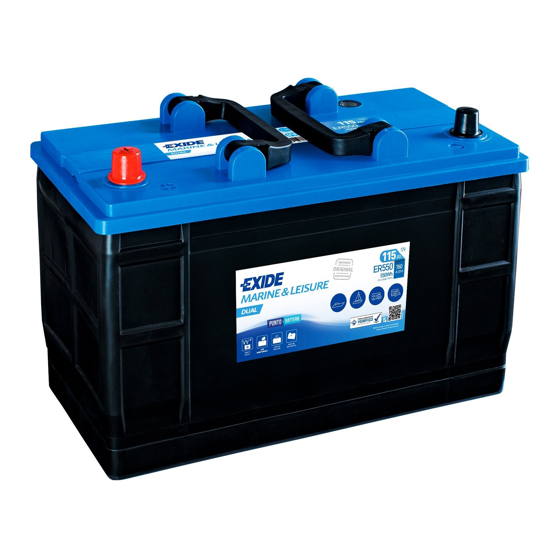 Batteria originale Exide Dual ER550, dimensioni 349 x 175 x 235, 12 volt, 115 amperora. Batteria per servizi di camper, barca e applicazioni a scarica lenta.