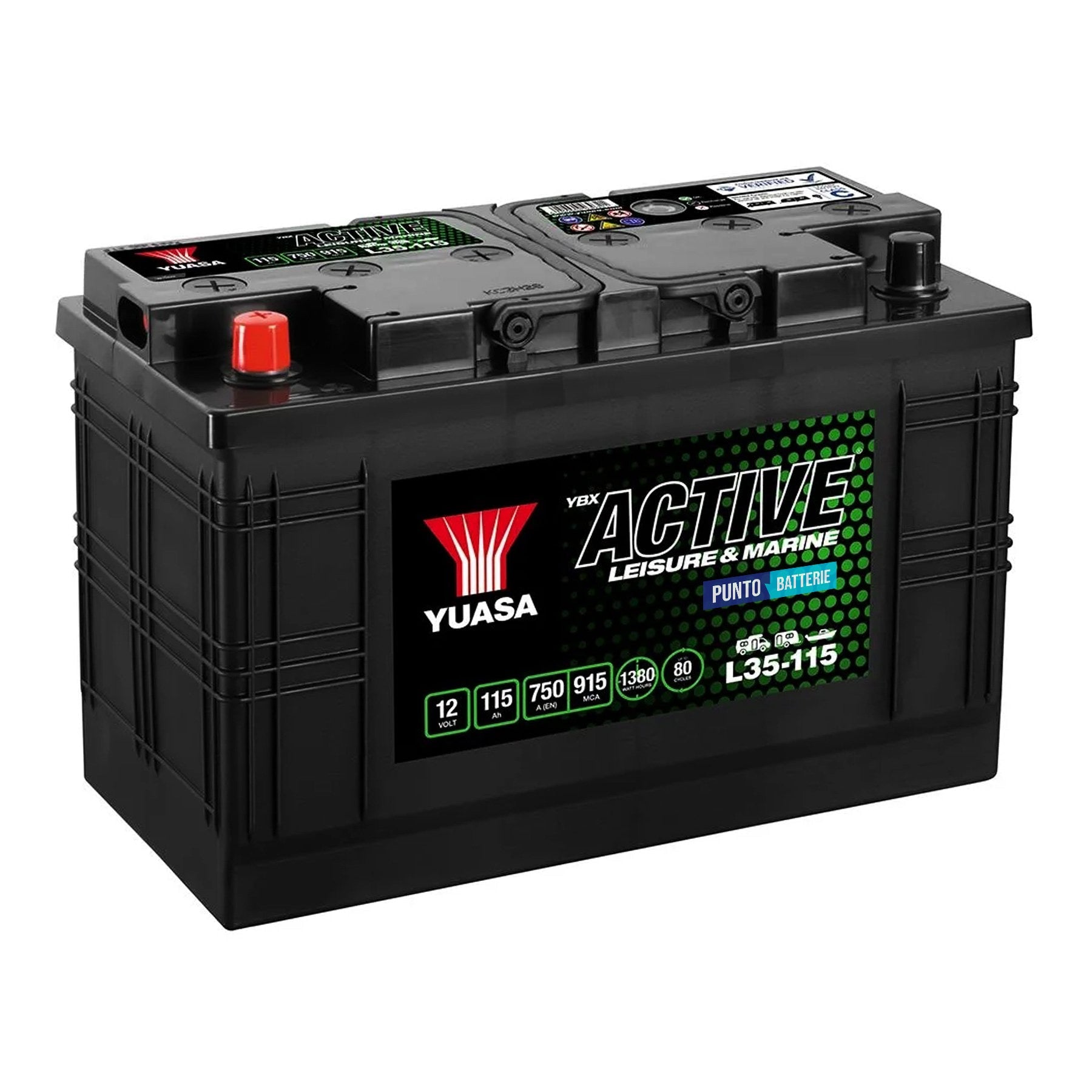 Batteria originale Yuasa YBX ACTIVE Leisure e Marine L35-115, dimensioni 352 x 175 x 227, 12 volt, 115 amperora. Batteria per servizi di camper, barca e applicazioni a scarica lenta.