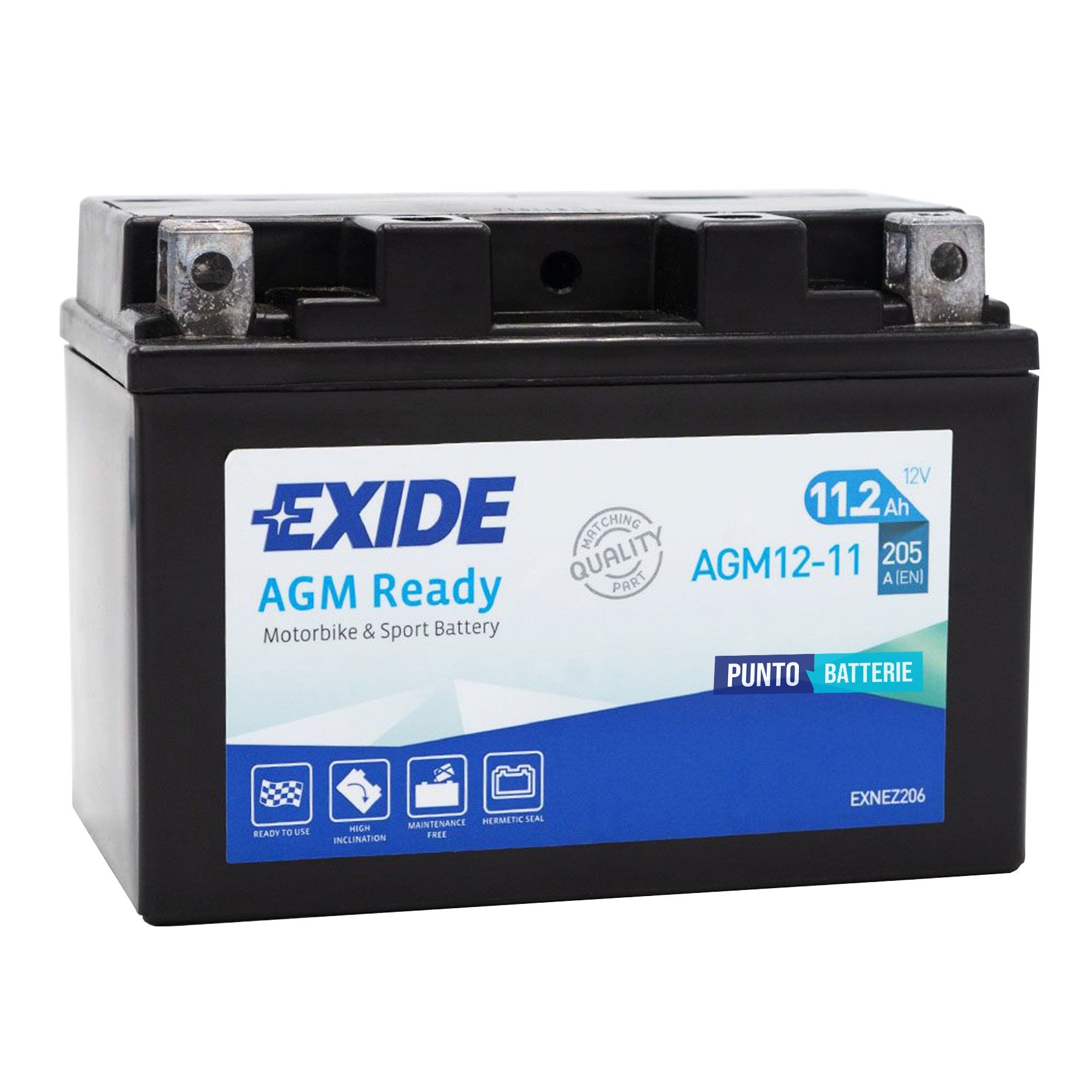 Batteria originale Exide AGM Ready AGM12-11, dimensioni 150 x 90 x 110, polo positivo a sinistra, 12 volt, 11 amperora, 205 ampere. Batteria per moto, scooter e powersport.