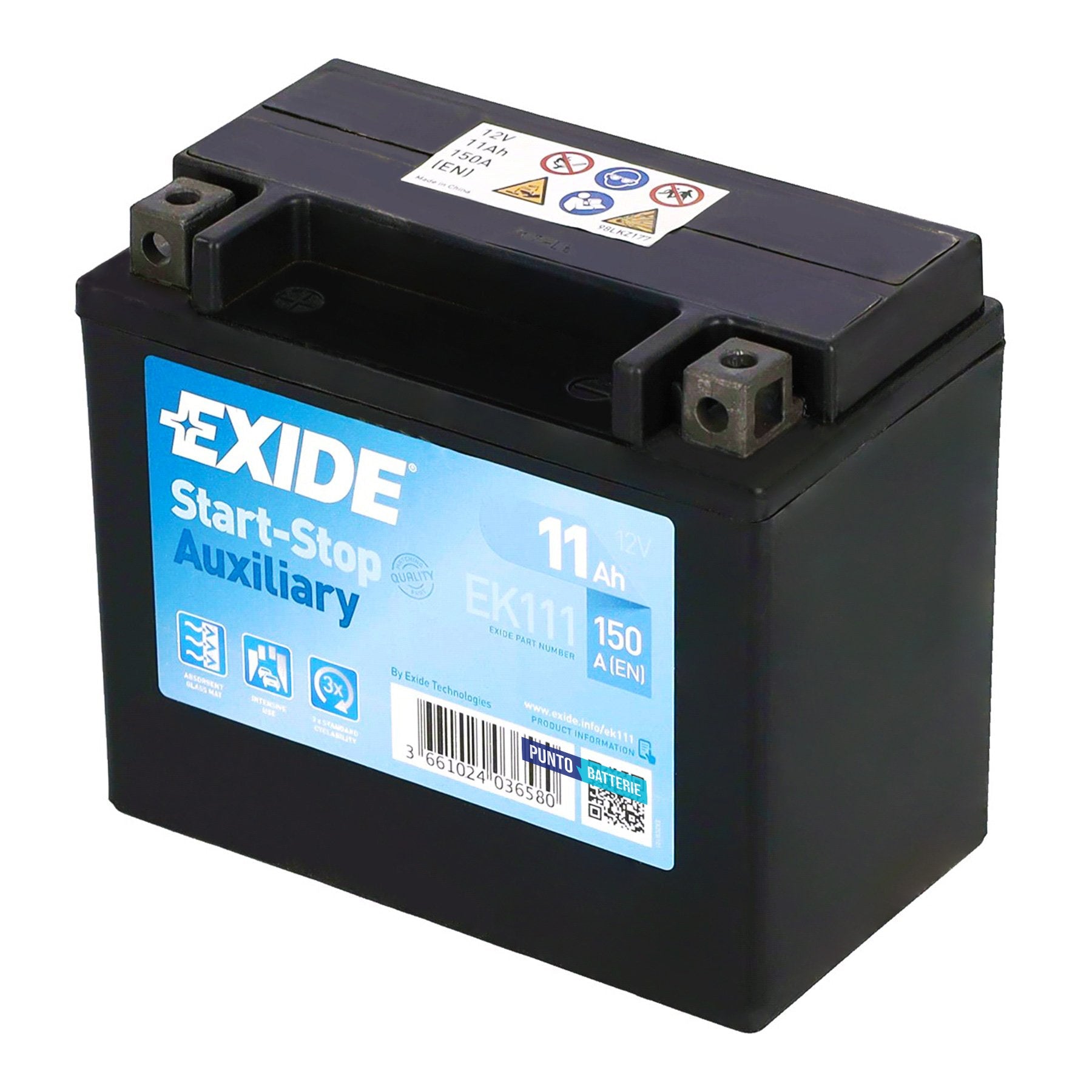 Batteria originale Exide Auxiliary EK111, dimensioni 150 x 90 x 130, polo positivo a sinistra, 12 volt, 11 amperora, 150 ampere, AGM. Batteria ausiliaria per auto e veicoli leggeri con start e stop.