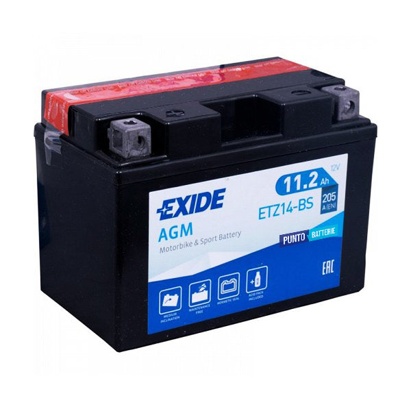Batteria originale Exide AGM ETZ14-BS, dimensioni 150 x 90 x 110, polo positivo a sinistra, 12 volt, 11 amperora, 205 ampere. Batteria per moto, scooter e powersport.