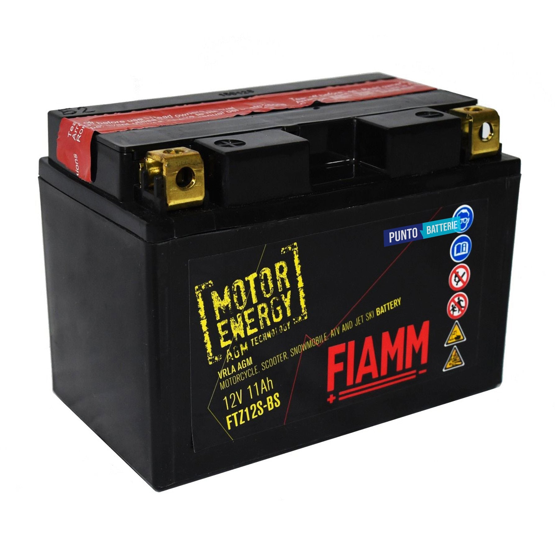 Batteria originale Fiamm Motor Energy AGM FTZ12S-BS, dimensioni 150 x 87 x 93, polo positivo a sinistra, 12 volt, 11 amperora, 190 ampere. Batteria per moto, scooter e powersport.