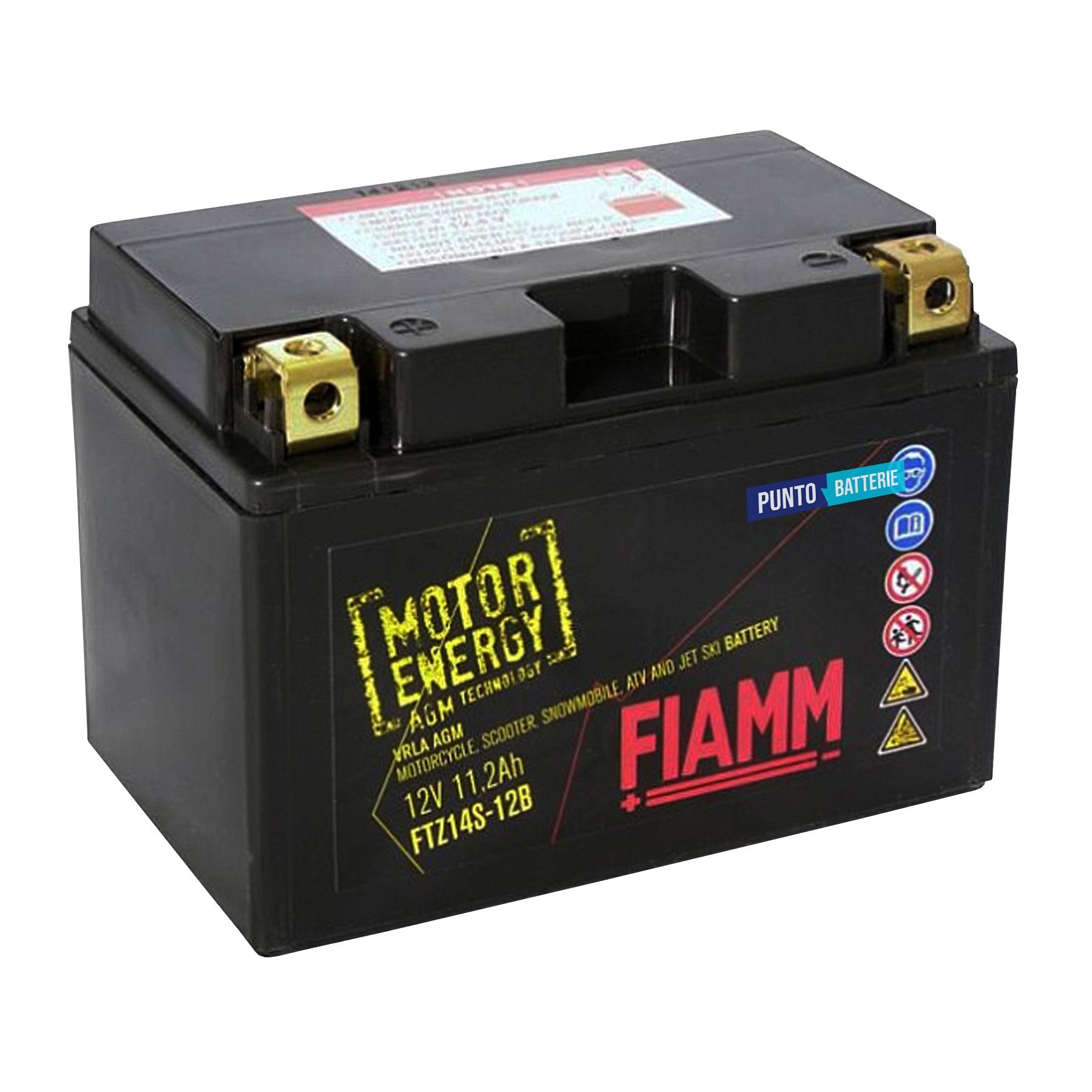Batteria originale Fiamm Motor Energy AGM FTZ14S-12B, dimensioni 150 x 87 x 93, polo positivo a sinistra, 12 volt, 11 amperora, 200 ampere. Batteria per moto, scooter e powersport.