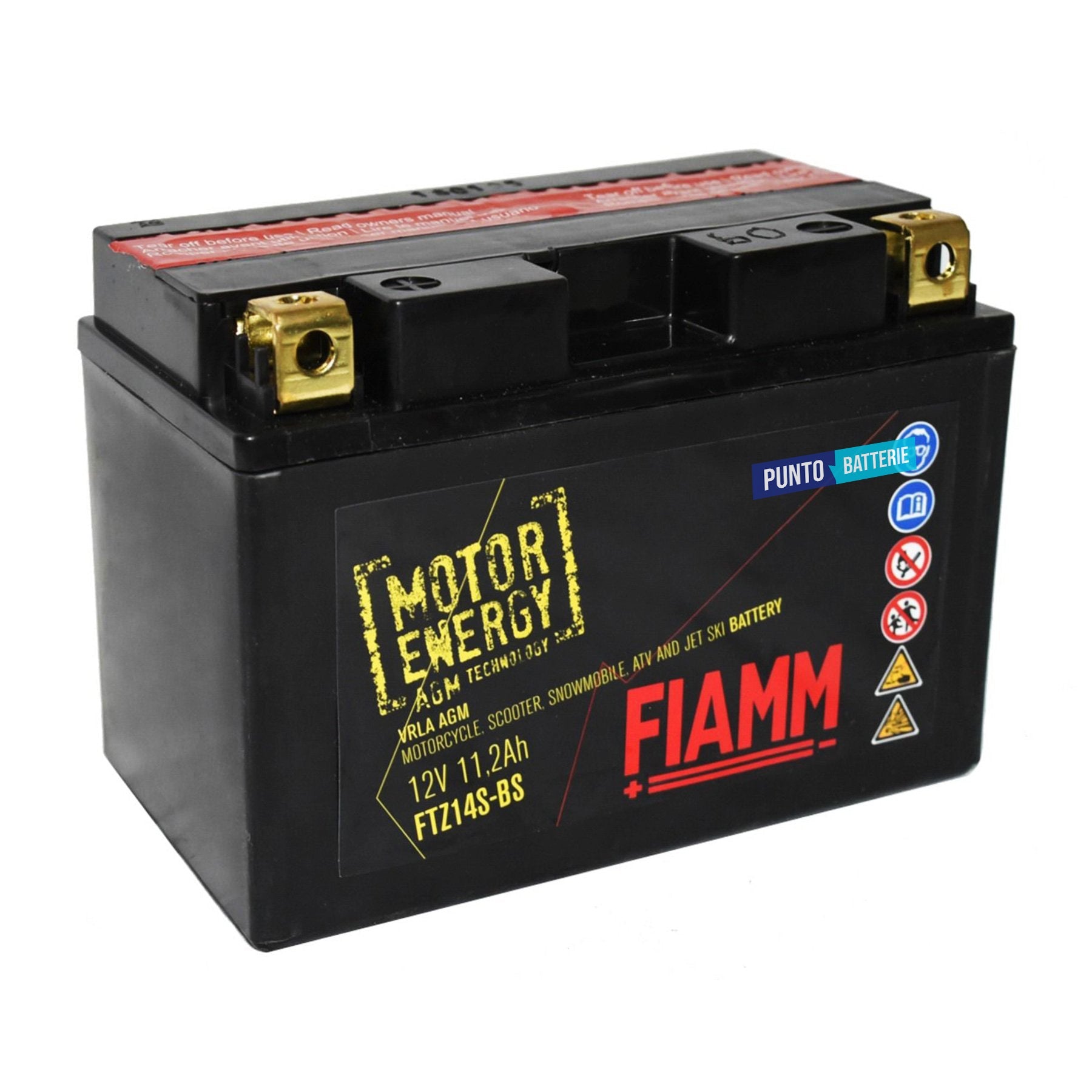 Batteria originale Fiamm Motor Energy AGM FTZ14S-BS, dimensioni 150 x 87 x 93, polo positivo a sinistra, 12 volt, 11 amperora, 200 ampere. Batteria per moto, scooter e powersport.