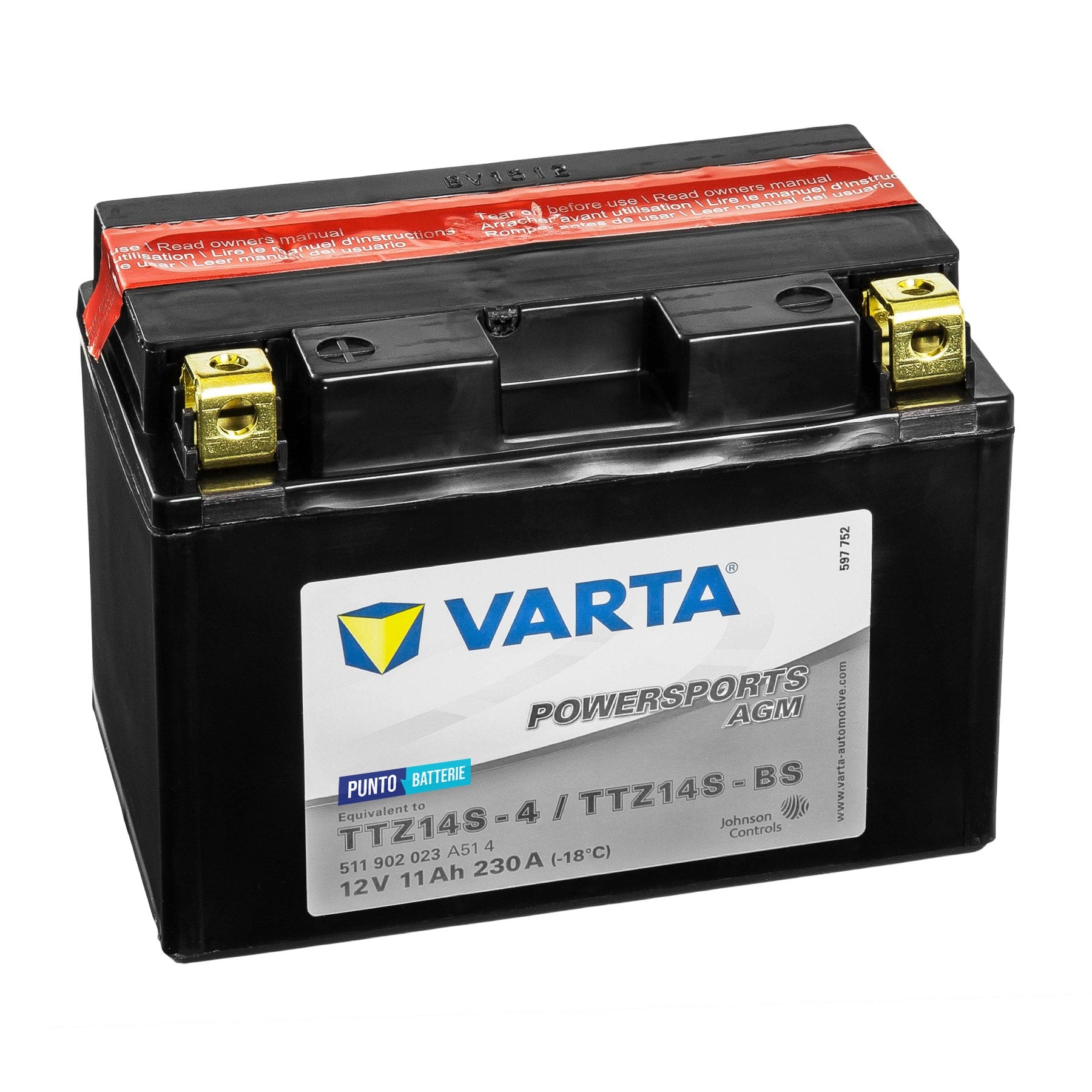 Batteria originale Varta Powersport AGM TTZ14S-4, dimensioni 150 x 87 x 93, polo positivo a sinistra, 12 volt, 11 amperora, 230 ampere. Batteria per moto, scooter e powersport.