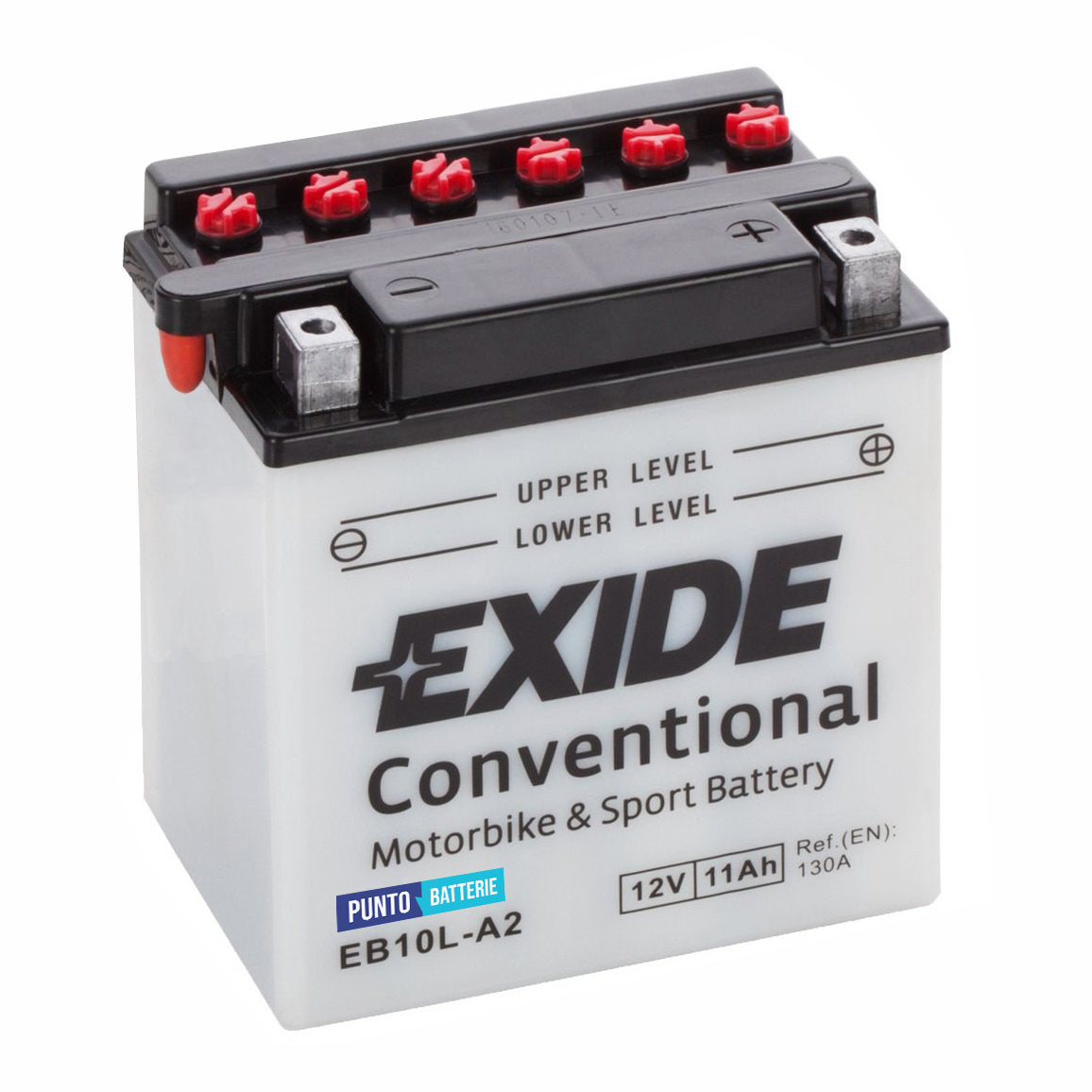 Batteria originale Exide Conventional EB10L-A2, dimensioni 135 x 90 x 145, polo positivo a destra, 12 volt, 11 amperora, 130 ampere. Batteria per moto, scooter e powersport.