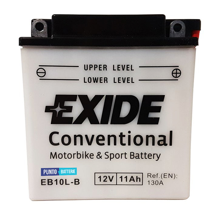Batteria originale Exide Conventional EB10L-B, dimensioni 135 x 90 x 145, polo positivo a destra, 12 volt, 11 amperora, 130 ampere. Batteria per moto, scooter e powersport.