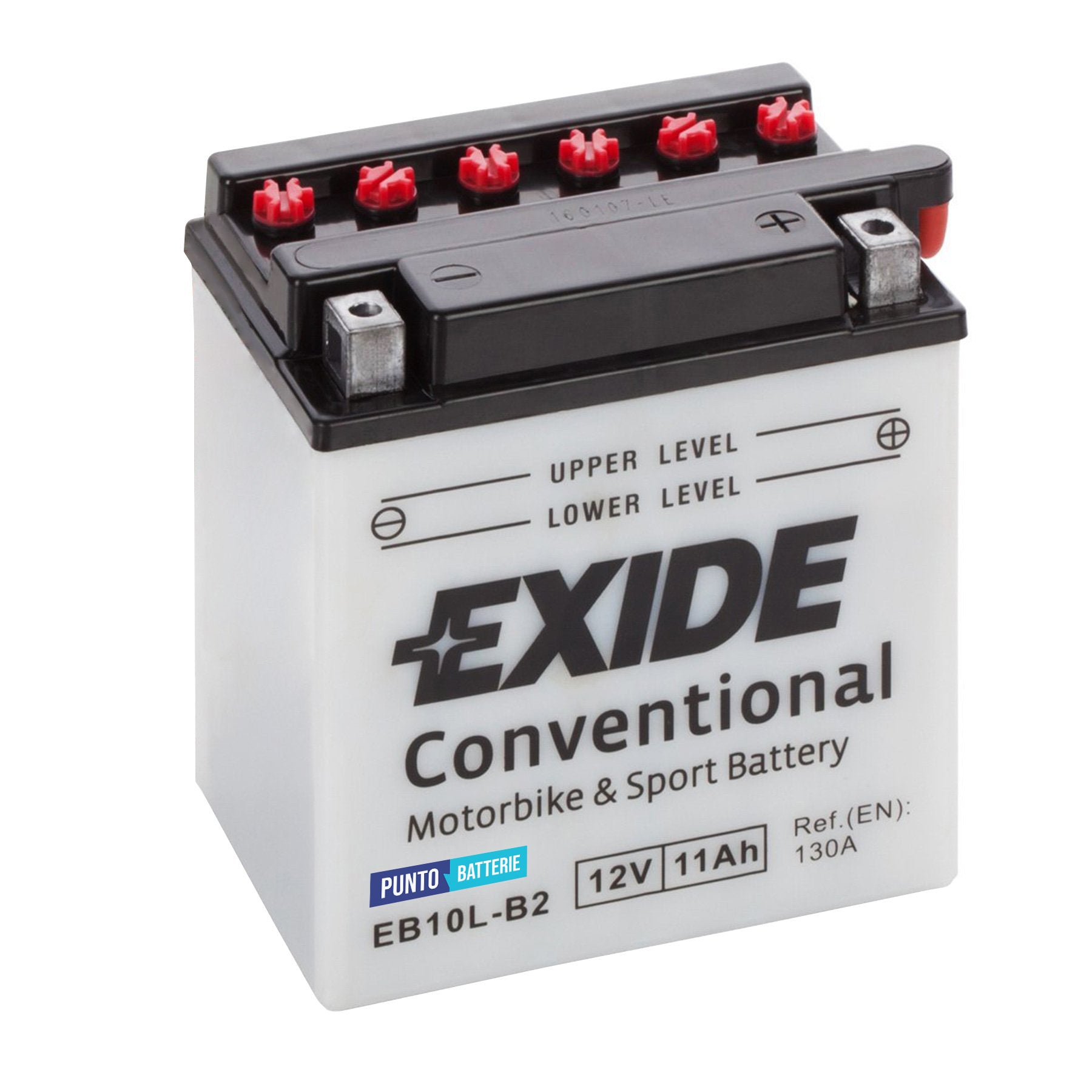 Batteria originale Exide Conventional EB10L-B2, dimensioni 135 x 90 x 145, polo positivo a destra, 12 volt, 11 amperora, 130 ampere. Batteria per moto, scooter e powersport.