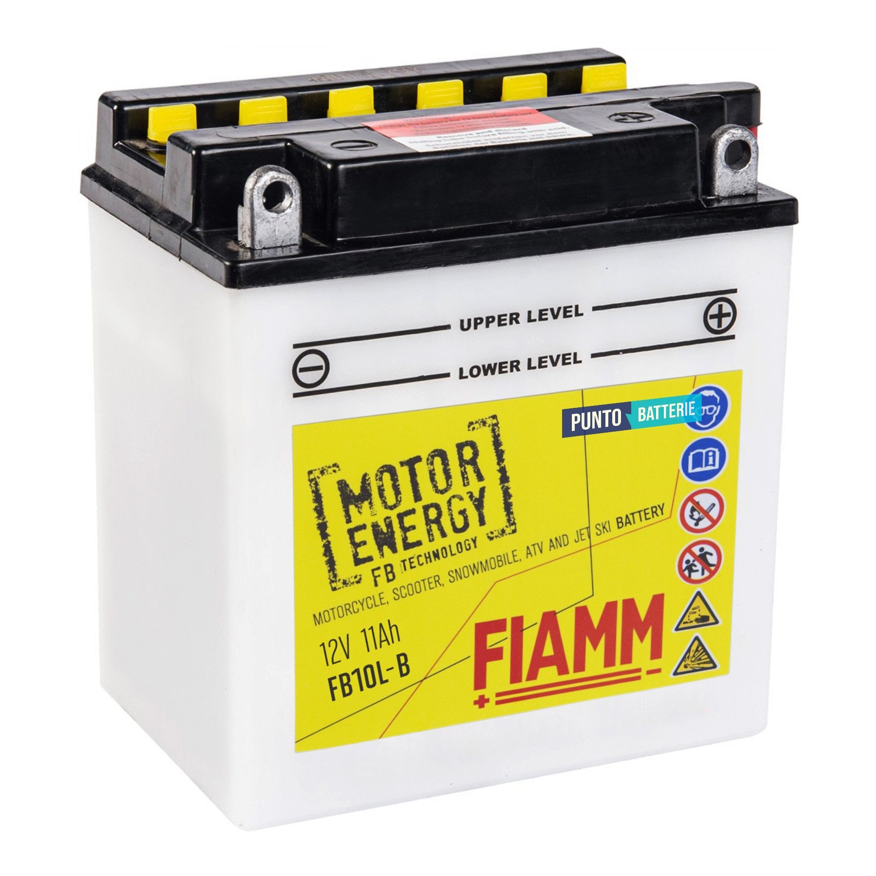 Batteria originale Fiamm Motor Energy FB FB10L-B, dimensioni 135 x 90 x 145, polo positivo a destra, 12 volt, 11 amperora, 140 ampere. Batteria per moto, scooter e powersport.