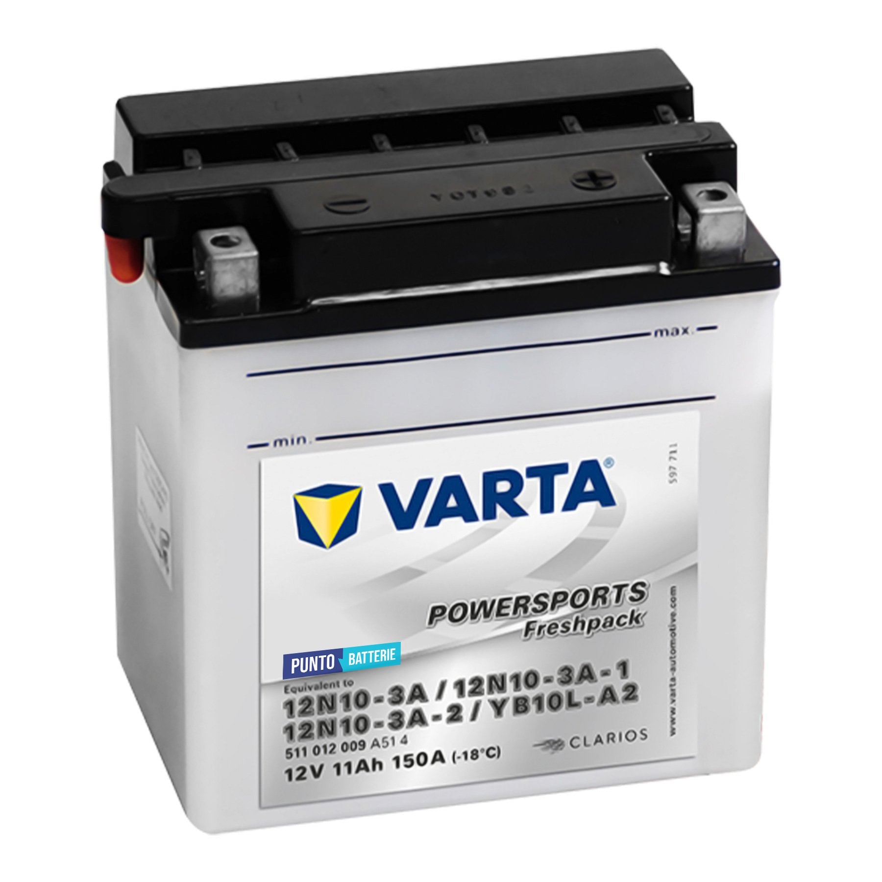 Batteria originale Varta Powersport Freshpack 12N10-3A, dimensioni 136 x 91 x 146, polo positivo a destra, 12 volt, 11 amperora, 150 ampere. Batteria per moto, scooter e powersport.