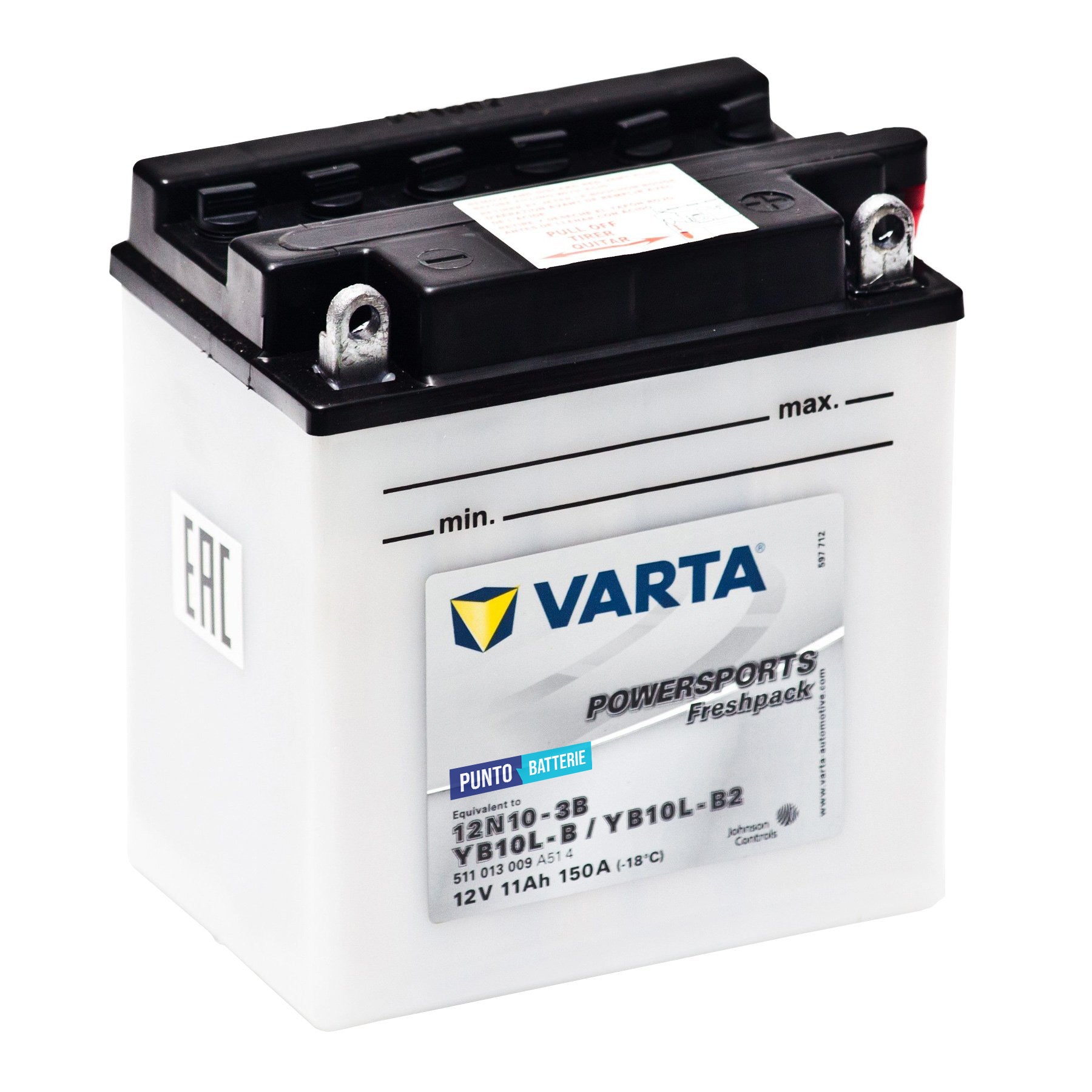 Batteria originale Varta Powersport Freshpack 12N10-3B, dimensioni 136 x 91 x 146, polo positivo a destra, 12 volt, 11 amperora, 150 ampere. Batteria per moto, scooter e powersport.