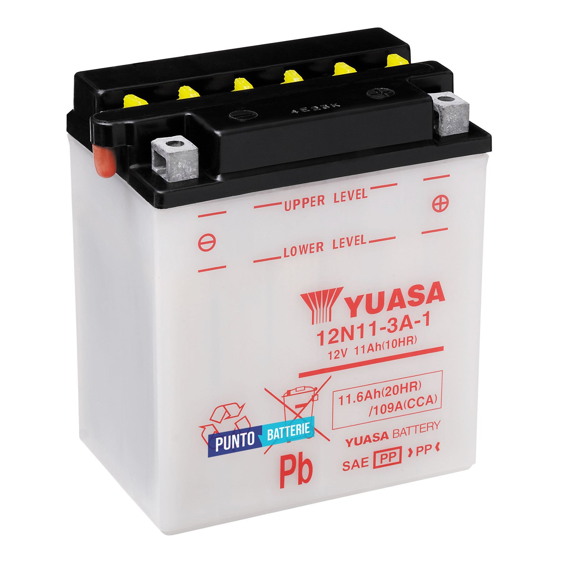 Batteria originale Yuasa Conventional 12N11-3A-1, dimensioni 135 x 90 x 155, polo positivo a destra, 12 volt, 11 amperora, 109 ampere. Batteria per moto, scooter e powersport.