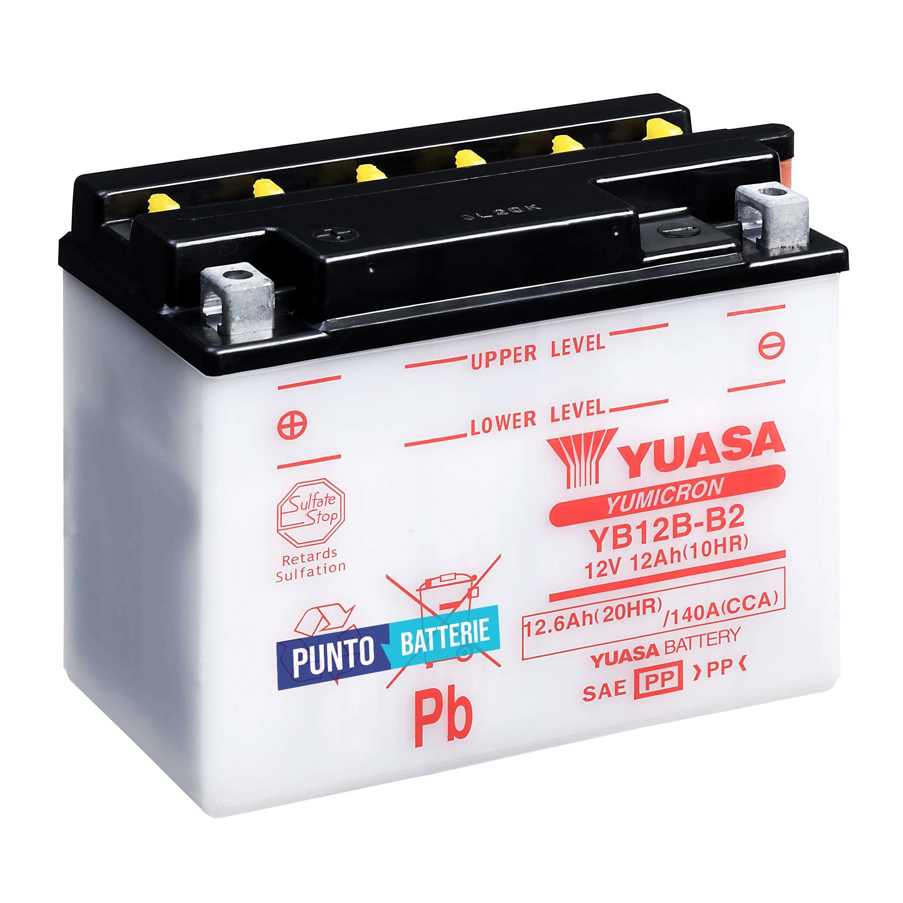 Batteria originale Yuasa YuMicron YB12B-B2, dimensioni 160 x 90 x 130, polo positivo a sinistra, 12 volt, 11 amperora, 140 ampere. Batteria per moto, scooter e powersport.
