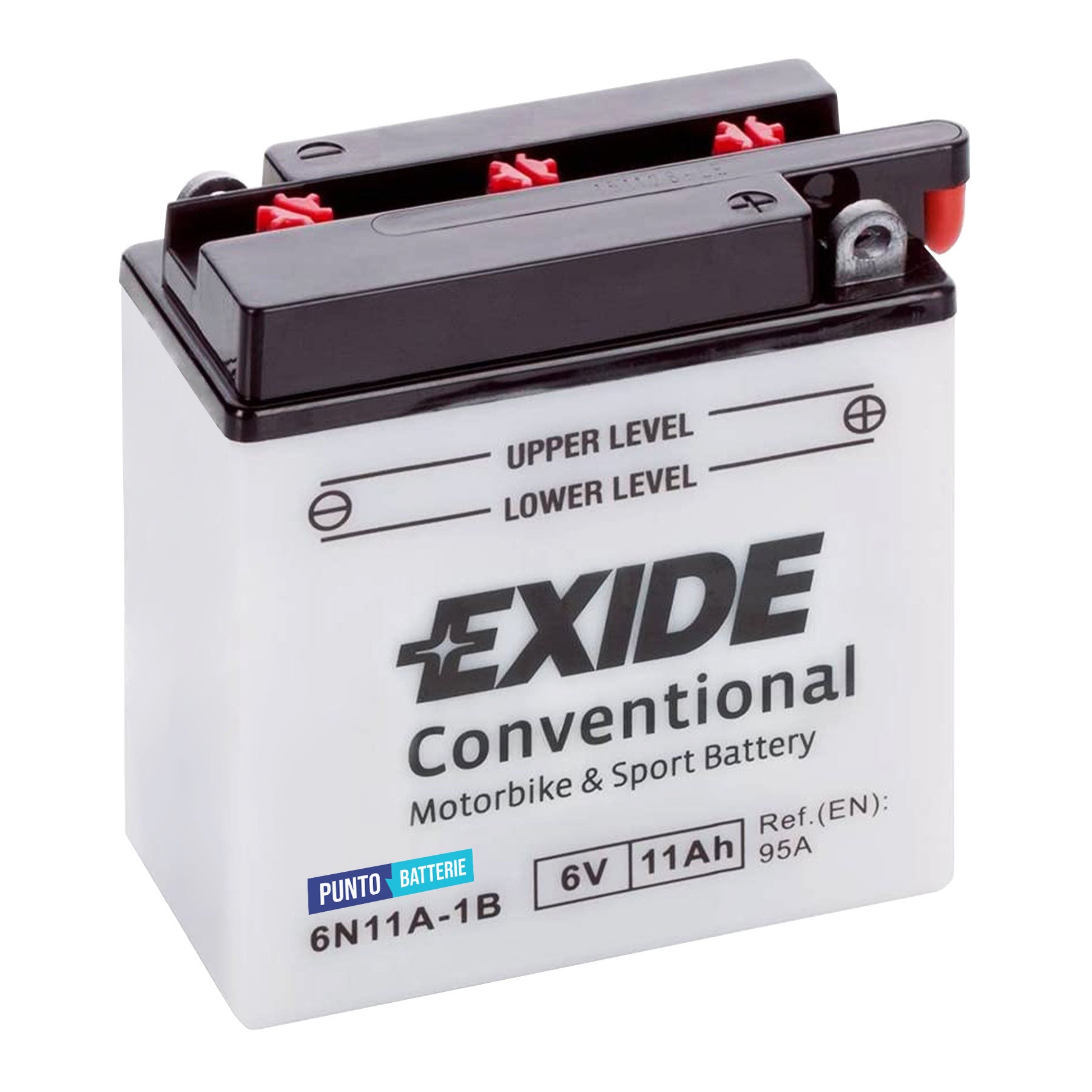 Batteria originale Exide Conventional 6N11A-1B, dimensioni 121 x 59 x 131, polo positivo a destra, 6 volt, 11 amperora, 95 ampere. Batteria per moto, scooter e powersport.