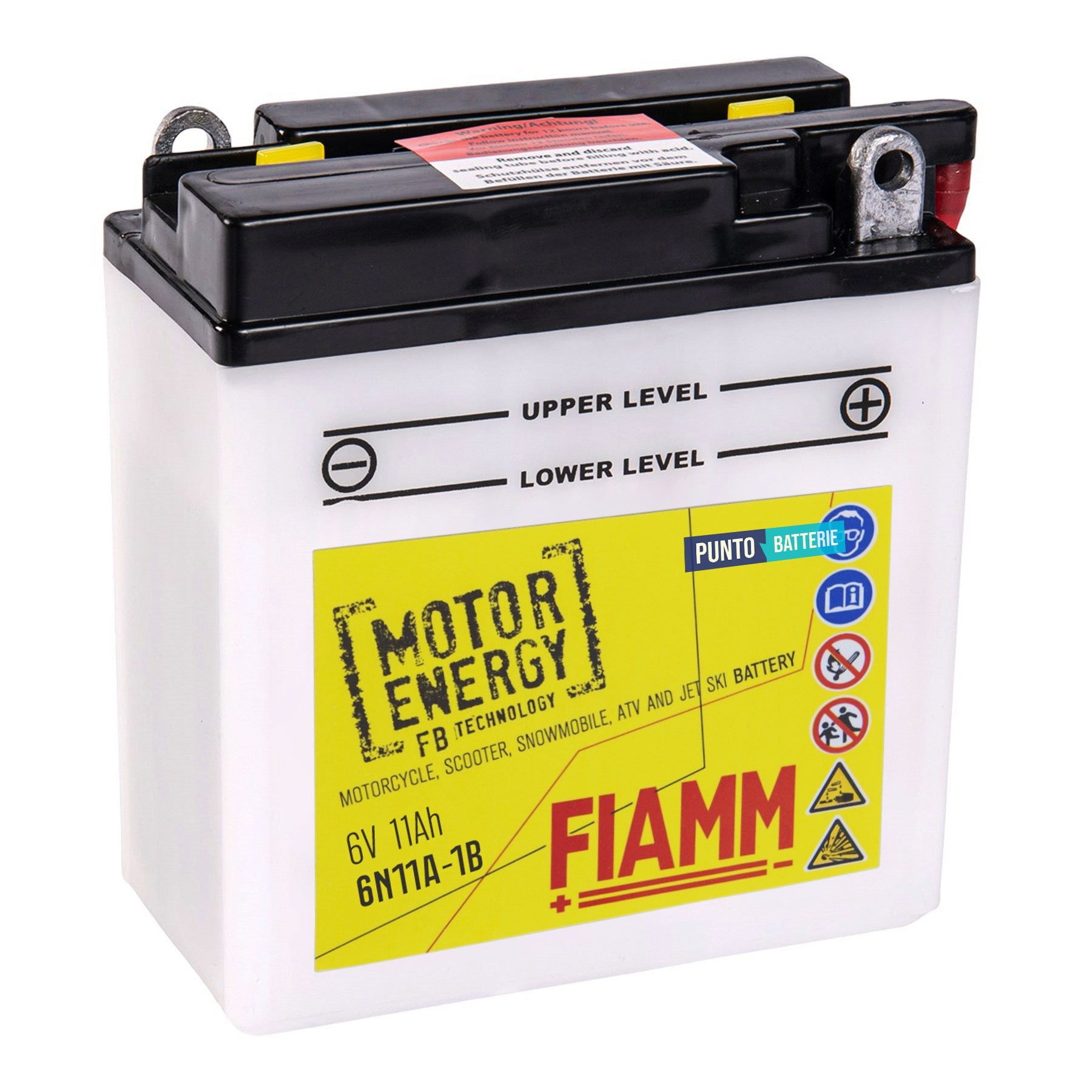 Batteria originale Fiamm Motor Energy FB 6N11A-1B, dimensioni 120 x 60 x 130, polo positivo a destra, 6 volt, 11 amperora, 80 ampere. Batteria per moto, scooter e powersport.